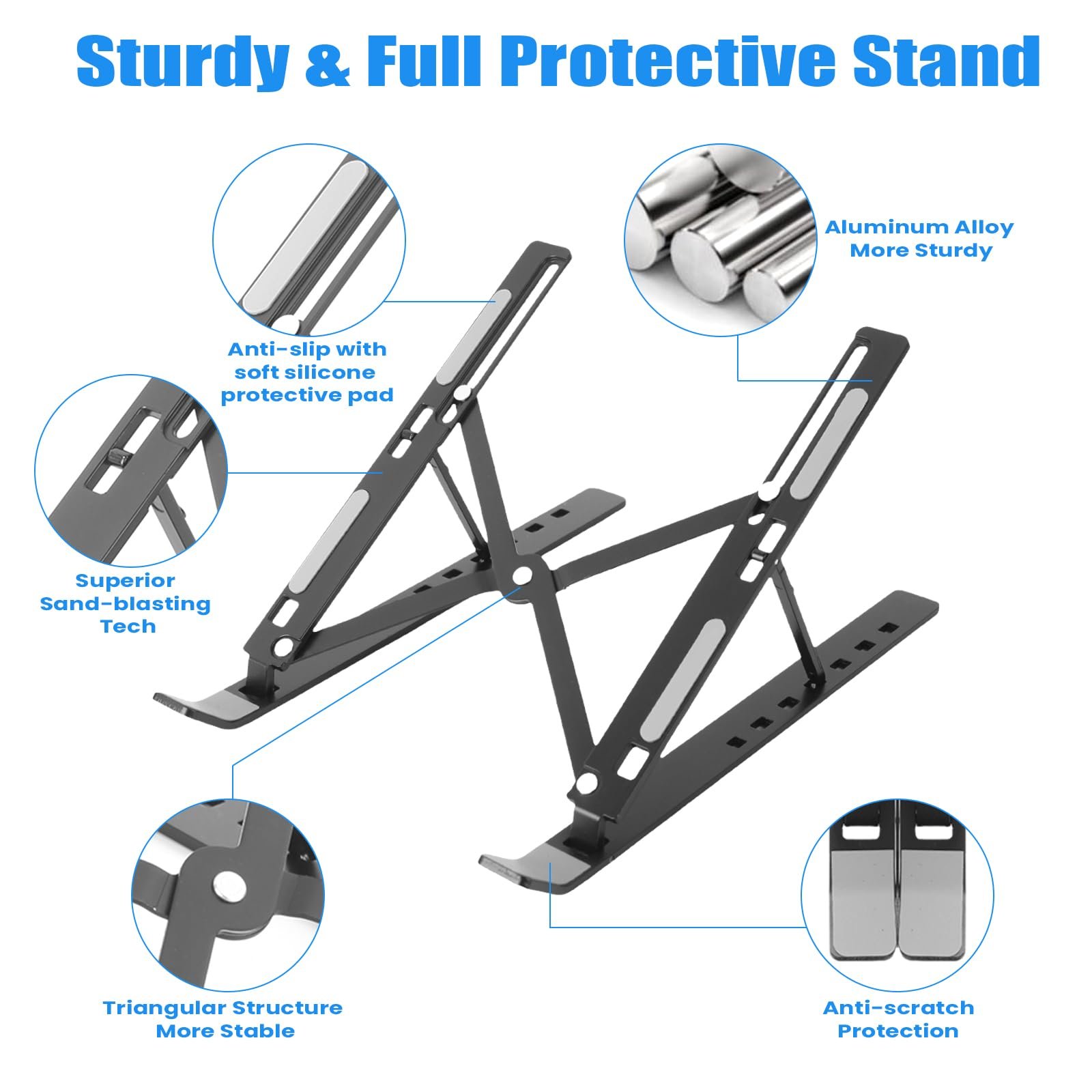 Подставка для ноутбука, складная подставка для ноутбука, регулируемая по высоте подставка для ноутбука из алюминиевого сплава, вентилируемая охлаждающая подставка для ноутбука, легкая, нескользящая, портативная для всех ноутбуков 10-16 дюймов (черный), фото №5