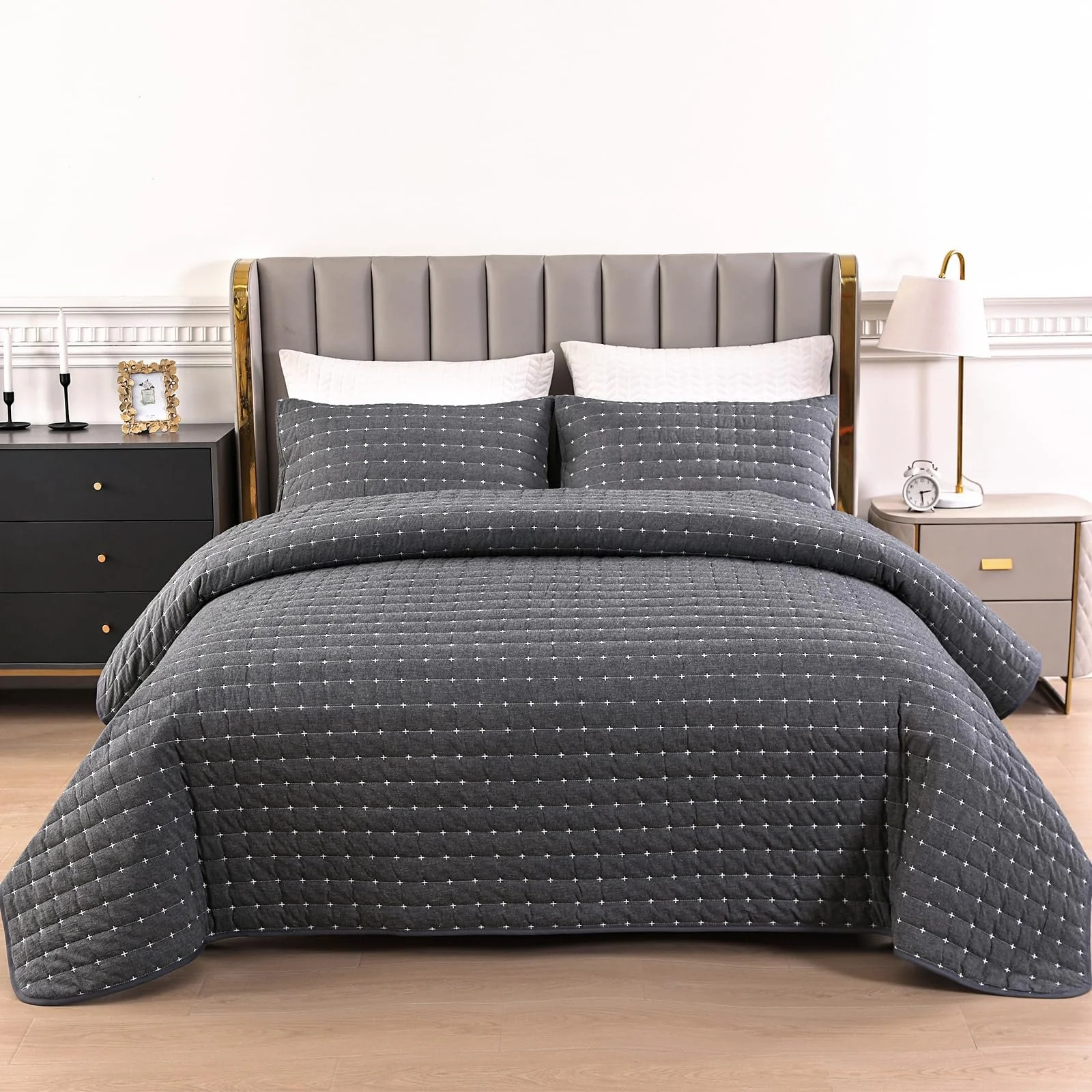 Покрывало Qucover 240 x 260 см, темно-серое, 100% хлопок, ультрамягкое, вышитое, стеганое, с 2 наволочками, плед для дивана, фото №8