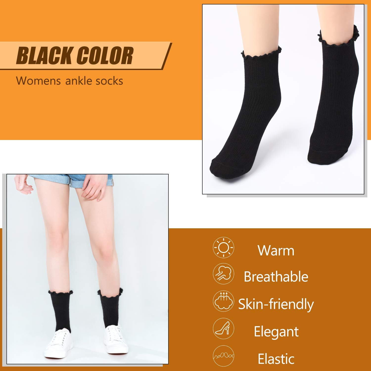 Женские носки, кружевные носки с оборками, вязаные носки с однотонным салатным краем, 6 пар, Einheitsgr,, фото №3