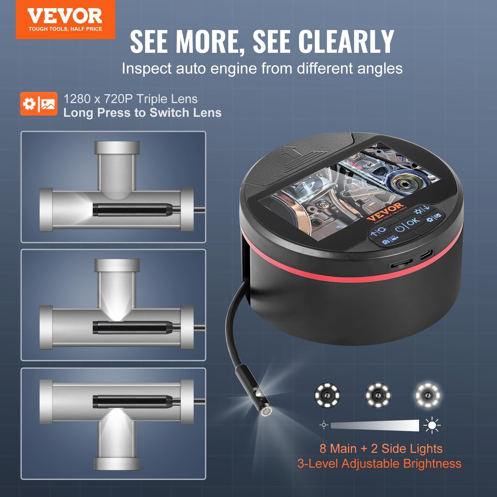 Эндоскоп VEVOR Triple Lens, инспекционная камера с 4,3-дюймовым IPS-экраном, 8+2 светодиодами, водонепроницаемостью IP67 для автомобильной сантехники (включая кабель 5 м, карту 32 ГБ), фото №2