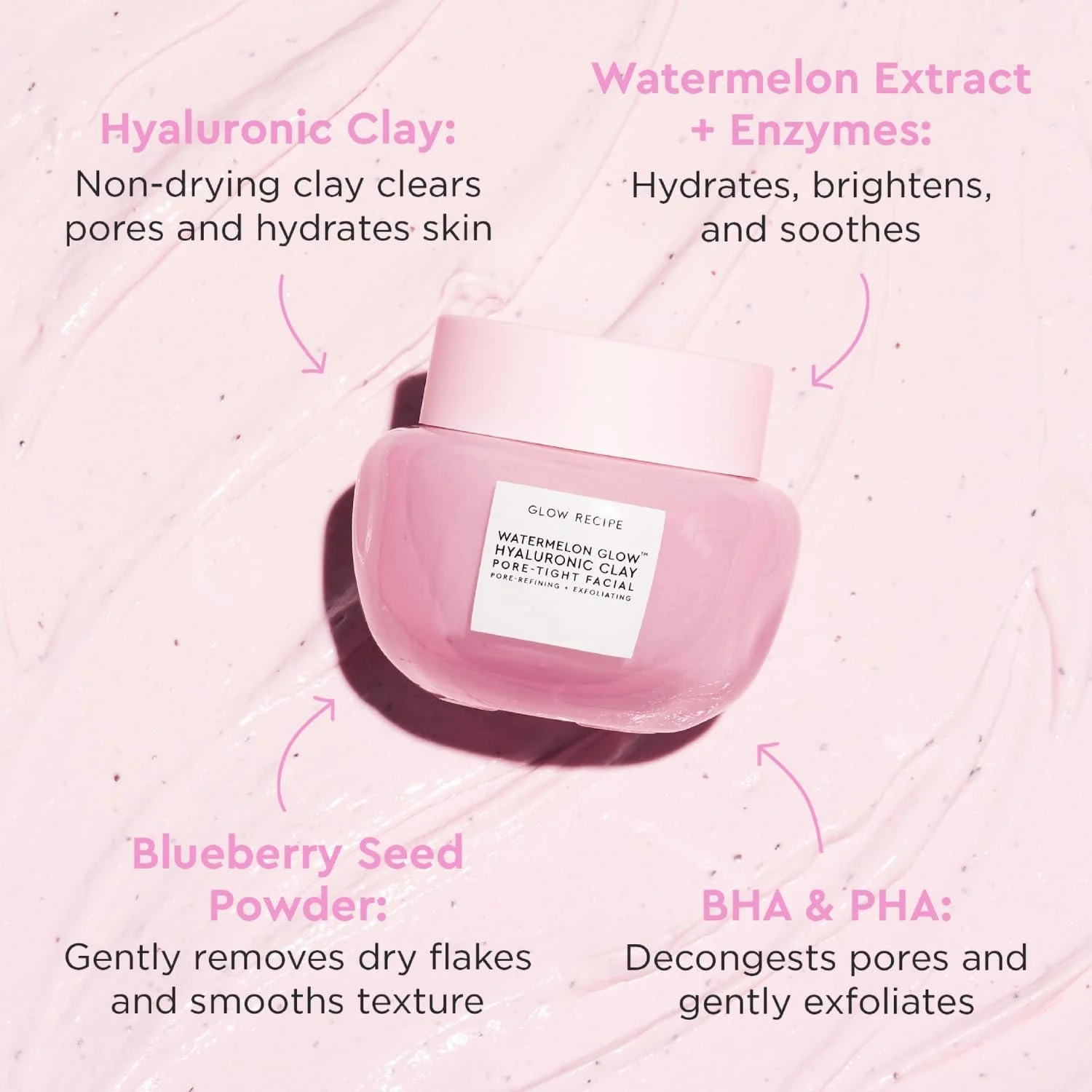 Маска для лица Glow Recipe Watermelon Glow Hyaluronic Clay Pore Tight Face - Нежная отшелушивающая глиняная маска с гиалуроновой кислотой - Помогает минимизировать вид пор, выравнивает тон + увлажняет (60 мл), фото №2