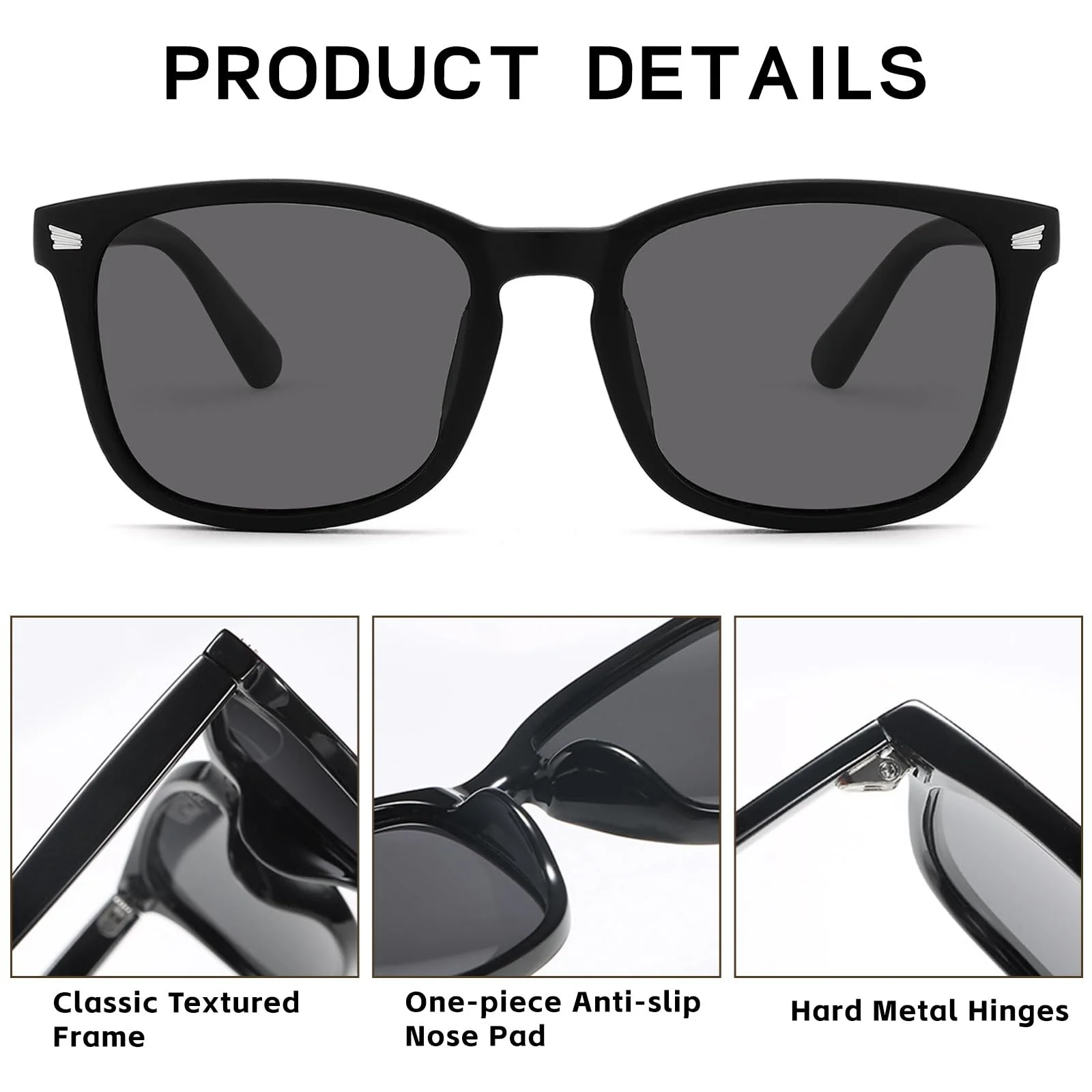 Поляризовані сонцезахисні окуляри унісекс Прямокутні Ретро LOJUDI Чорні Вінтажні з UV400 захистом, фото №2