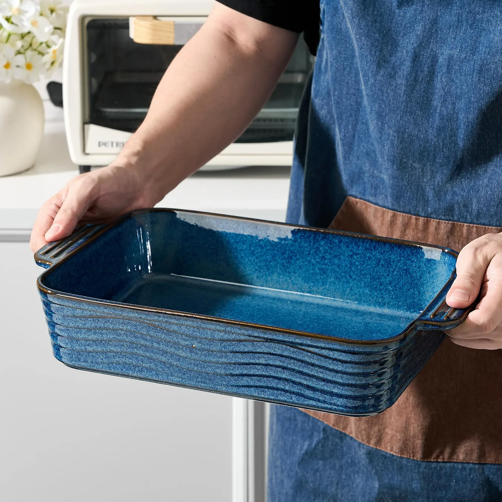 Керамическая форма для запекания Poecer 2000 мл квадратная фарфоровая с ручками Blue, фото №3