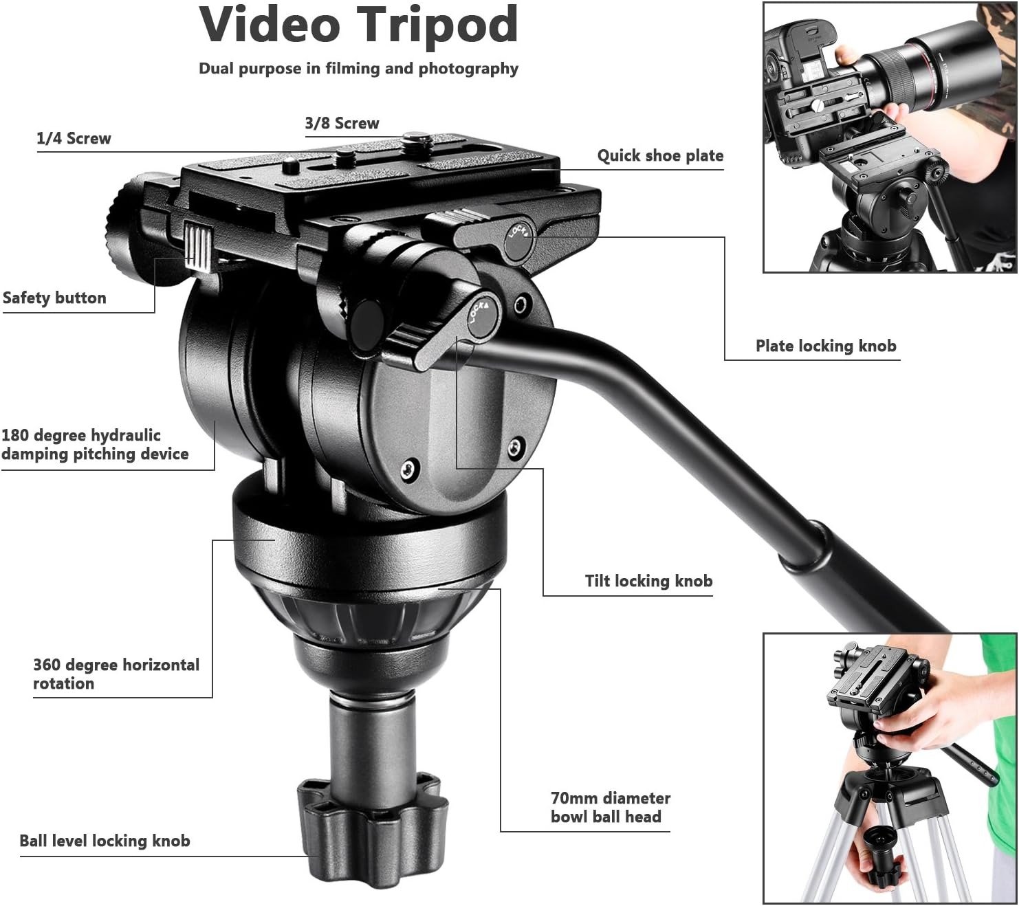 Штатив NEEWER 155 см з гідравлічною головкою, що обертається на 360 градусів Чорний, фото №4
