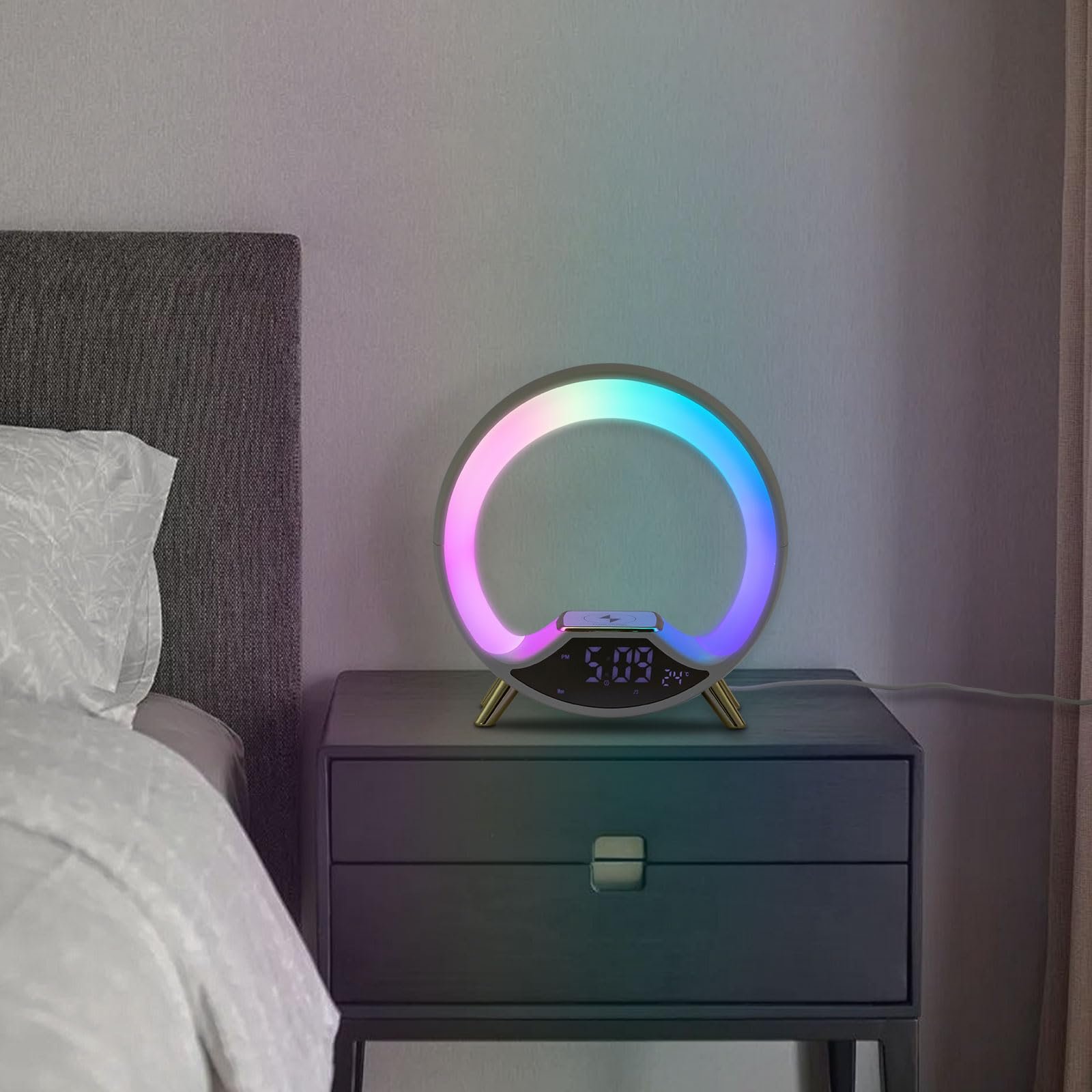 Настільна лампа нічна USB з бездротовою швидкою зарядкою 15W таймером та зміною кольорів Біла, фото №3