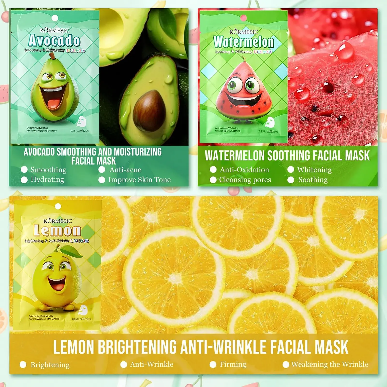 Тканинна маска для обличчя з гіалуроновою кислотою та вітаміном C, фруктовим екстрактом, набір з 7 штук, фото №3