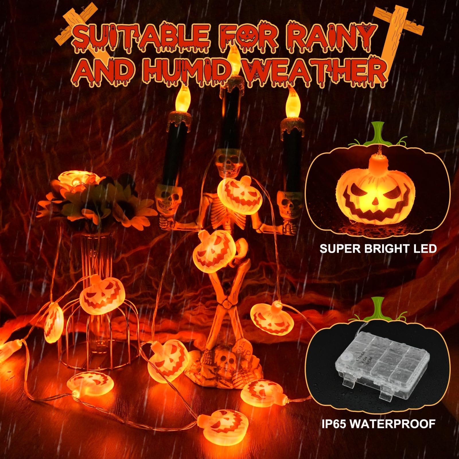 Гирлянда Dalugo Halloween Fairy Lights, 3 м, 20 LED, тыква, с таймером 6 часов, IP65 водонепроницаемая, фото №2