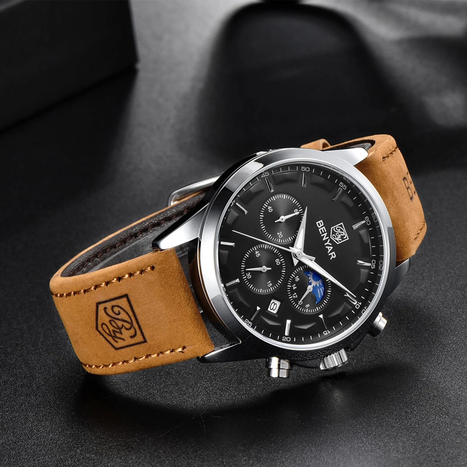 Чоловічий годинник Benyar Хронограф Аналоговий Кварцовий Чорний циферблат Шкіряний ремінець, фото №5