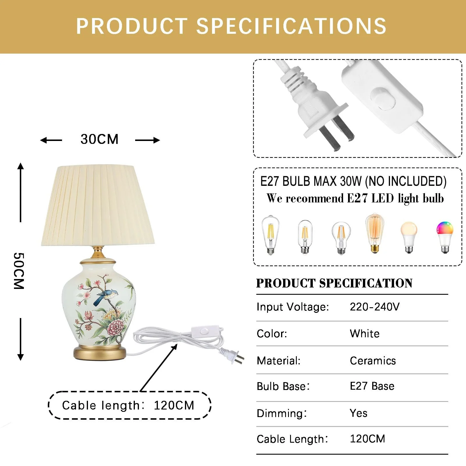 Настільна лампа Retro Ceramic Decorative Living Room E27 Vintage White, фото №7