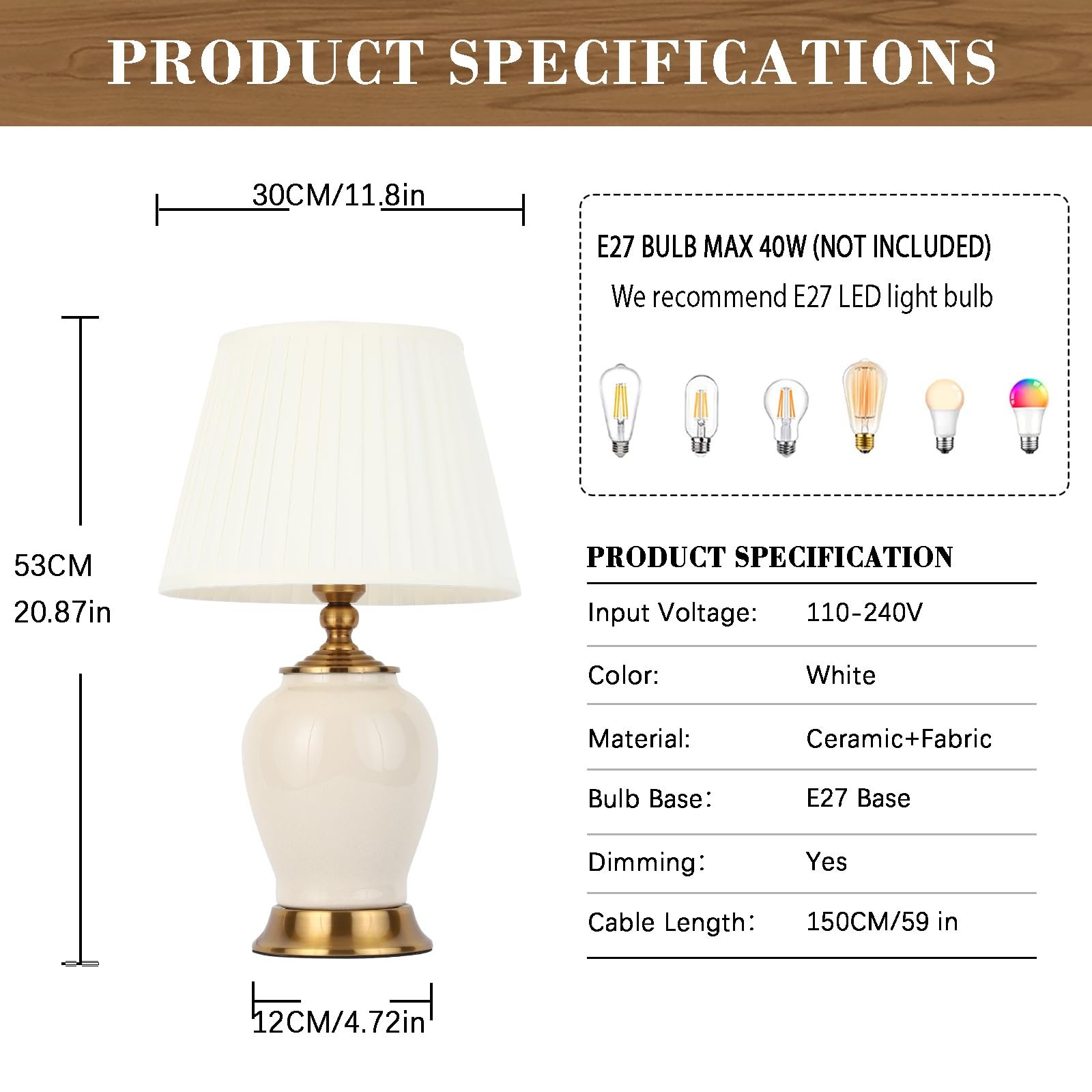 Настольная лампа Керамическая E27 Modern 30 Вт 53 см Белый, фото №3