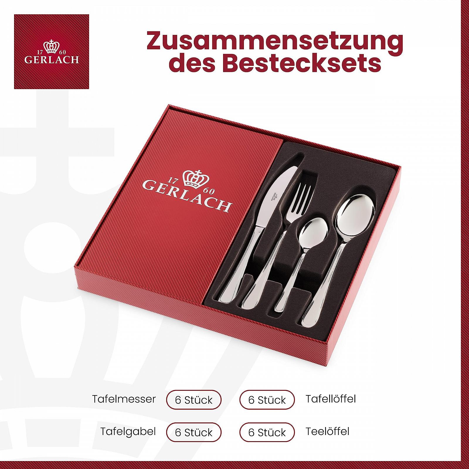 Набір столових приборів Gerlach Antica на 6 персон (ніж, виделка, ложка, чайна ложка), нержавіюча сталь, 24 шт., фото №4 Набір столових приборів Gerlach Antica на 6 персон (ніж, виделка, ложка, чайна ложка), нержавіюча сталь, 24 шт., фото №4