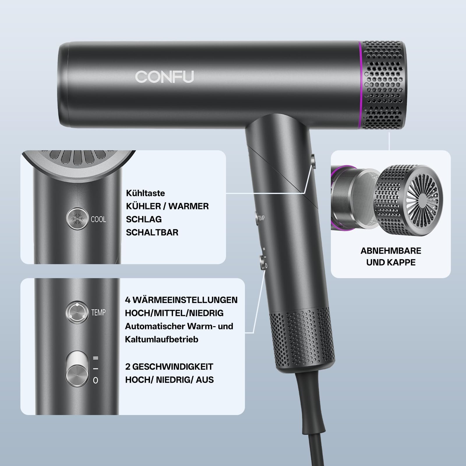 Фен CONFU Ion Professional Salon 1700 Вт, легкий, складной, с низким уровнем шума, магнитным диффузором, стайлинговой насадкой, очень длинным кабелем для дома, салона и путешествий, фото №3