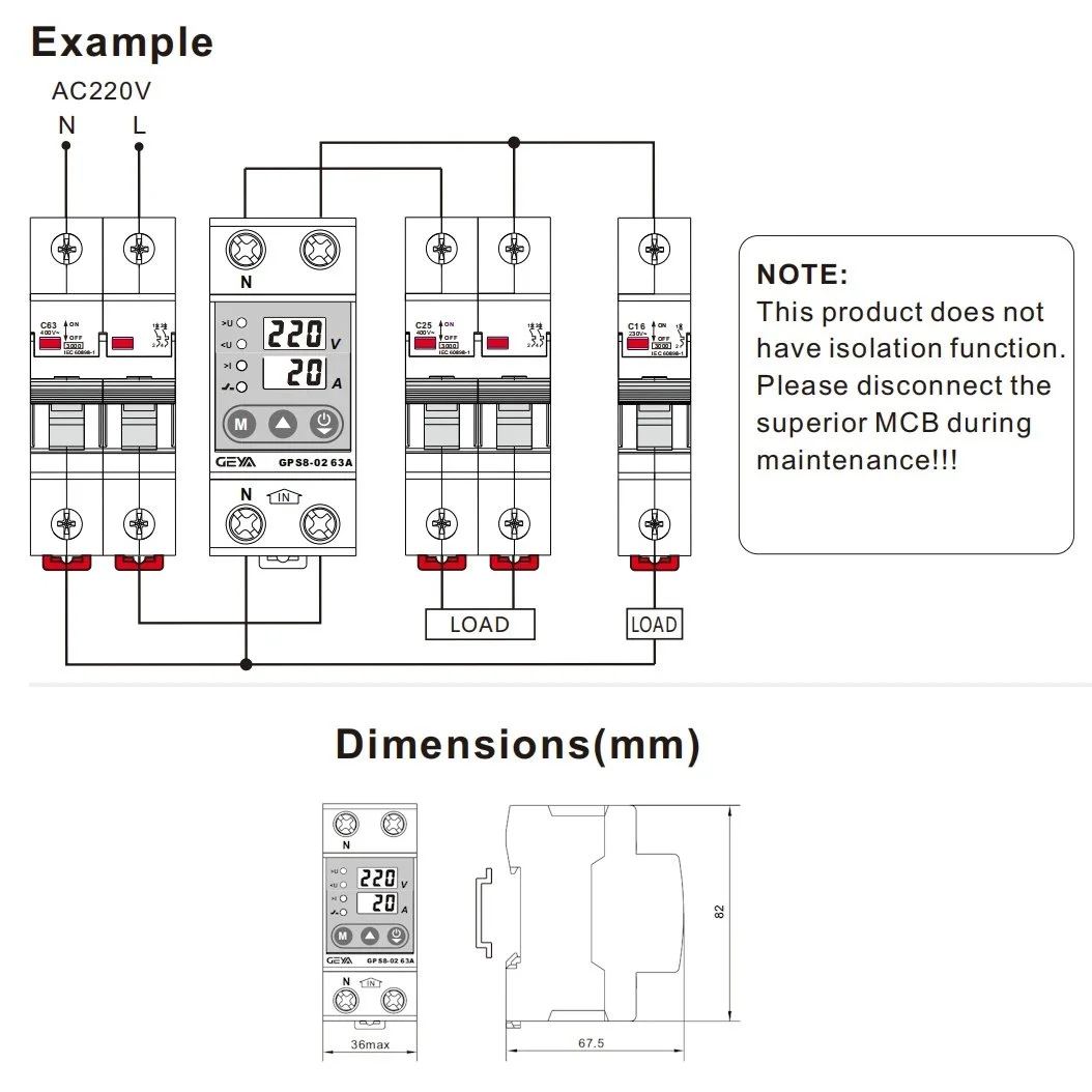 Реле контролю напруги GEYA GPS8-02 2P 40A 220V з дисплеєм, фото №8 Реле контролю напруги GEYA GPS8-02 2P 40A 220V з дисплеєм, фото №8