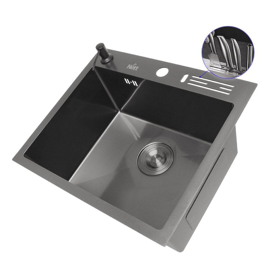 Чорна кухонна мийка 45 см накладна з нержавіючої сталі Nett NВ-5245, фото №3 Чорна кухонна мийка 45 см накладна з нержавіючої сталі Nett NВ-5245, фото №3