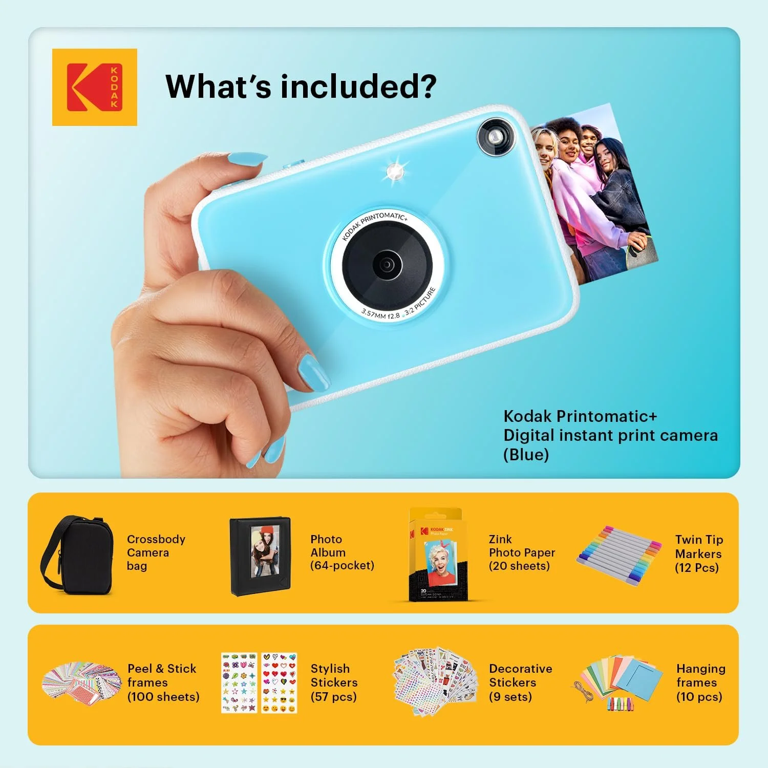 Цифровая фотокамера мгновенной печати Kodak Printomatic+ 10 MP Zink 2x3 Set Bag 20 Pack Paper Album Sticker Frame & Marker Blue, фото №2