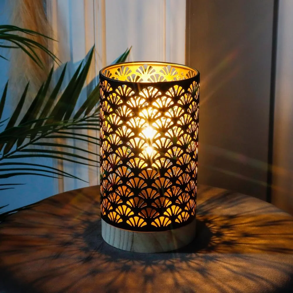 Настільна лампа JHY DESIGN акумуляторна з таймером на 6 годин бездротова 19 см з дерев'яною основою віялоподібний візерунок, фото №1