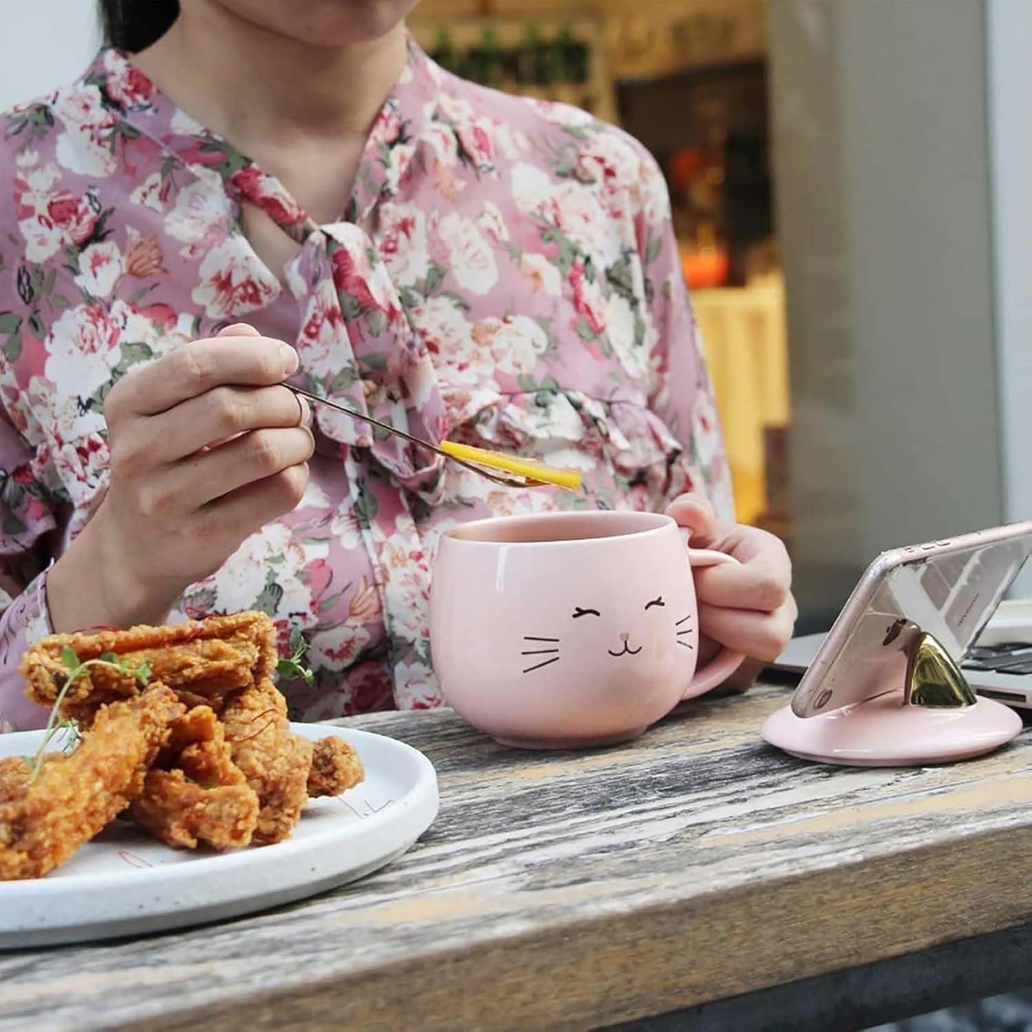 Кухоль керамічний Креативний Тварини Вуха Кришка і ложка 480 мл Рожевий, фото №5