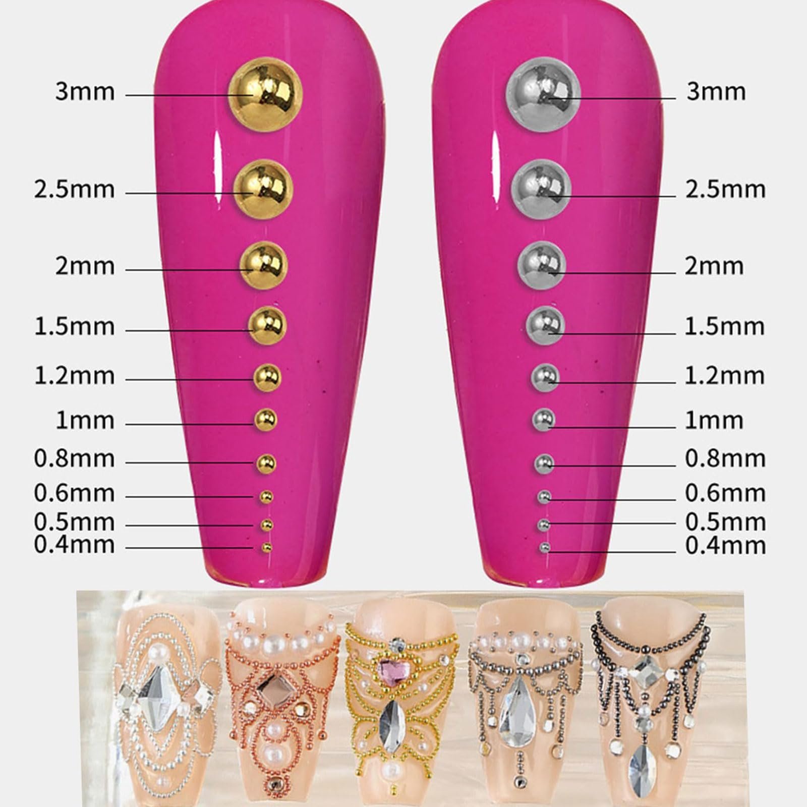 Икра для ногтей, Золотые подвески для ногтей, Икра для ногтей, 2 цепочки для ногтей для DIY Nail Art, Украшения для ногтей, Бусины для ногтей для аксессуаров для ногтей с пинцетом для ногтей, фото №3