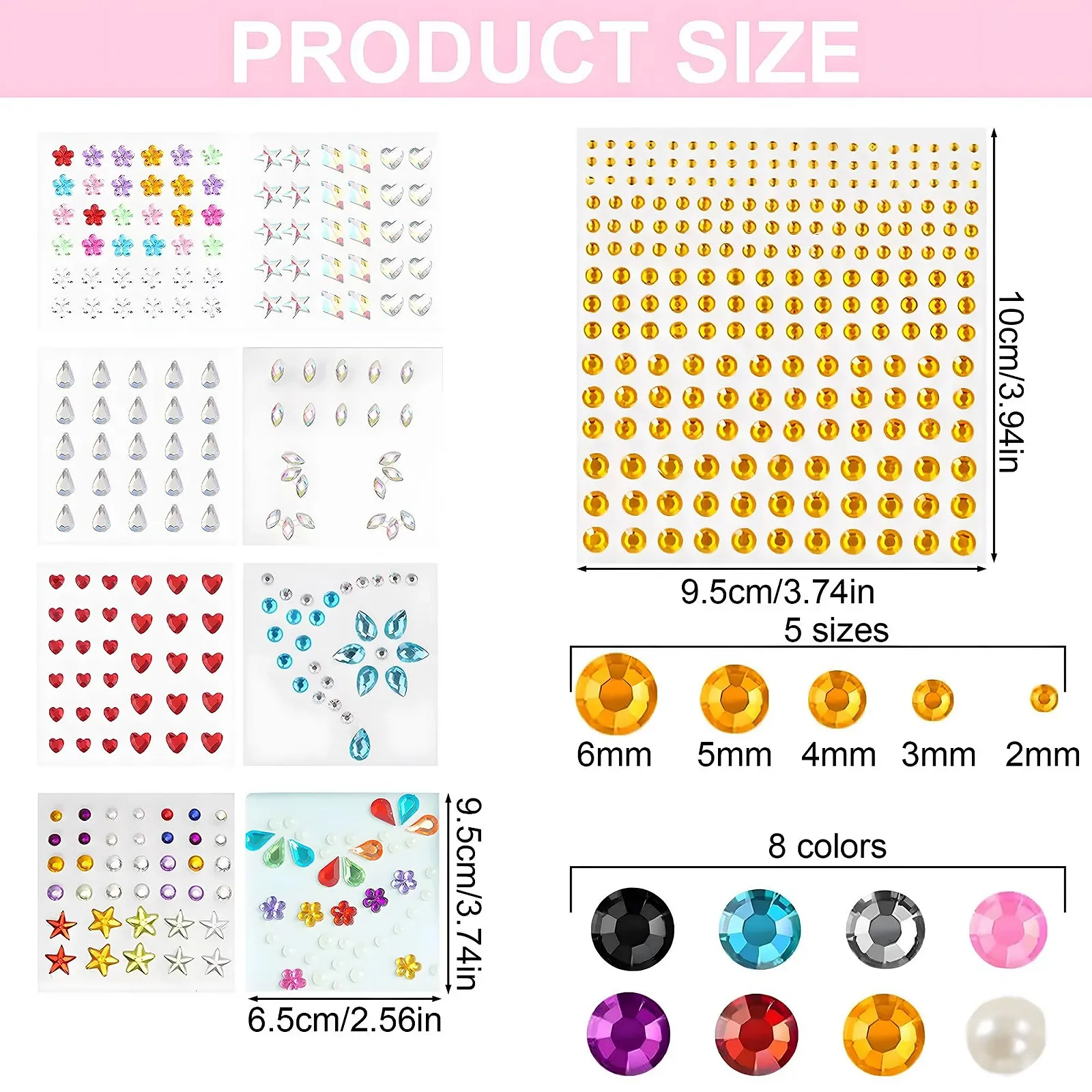 Набор наклеек с блестками 16 шт. + пинцет Разноцветные и разных размеров, фото №2