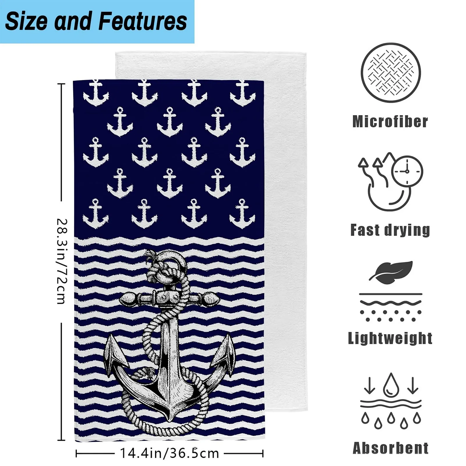 Рушник Nautical Anchor Abstract Anchor м'який поглинаючий темно-синій набір із 2 шт., фото №2