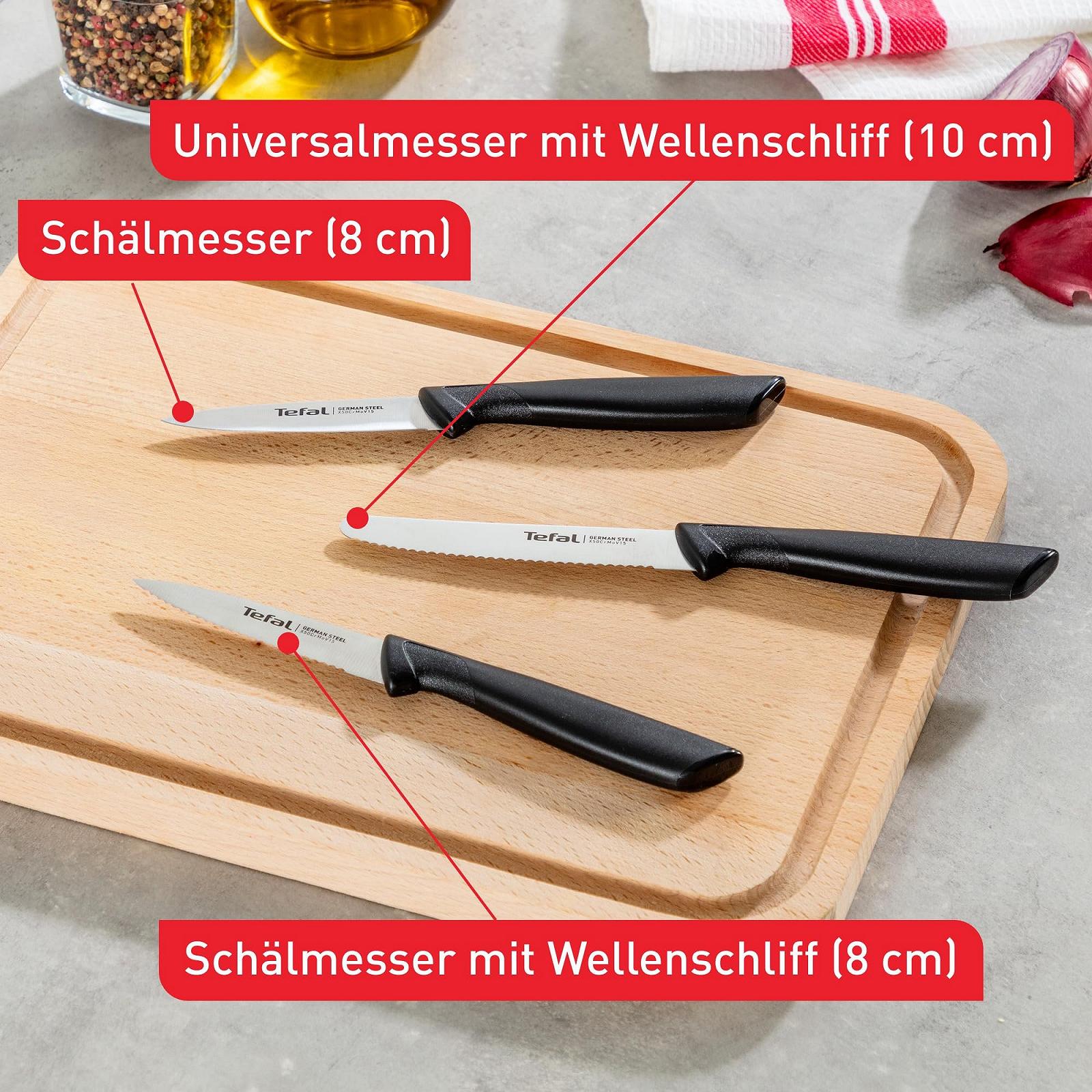 Набор ножей Tefal Colorfood K2733S, 3 шт | Универсальный нож (10 см) / Нож для очистки овощей (8 см), зубчатый нож для очистки овощей (8 см), гладкий | Немецкая нержавеющая сталь | Устойчив к коррозии | Эргономичный | Безопасный | Черный, фото №3
