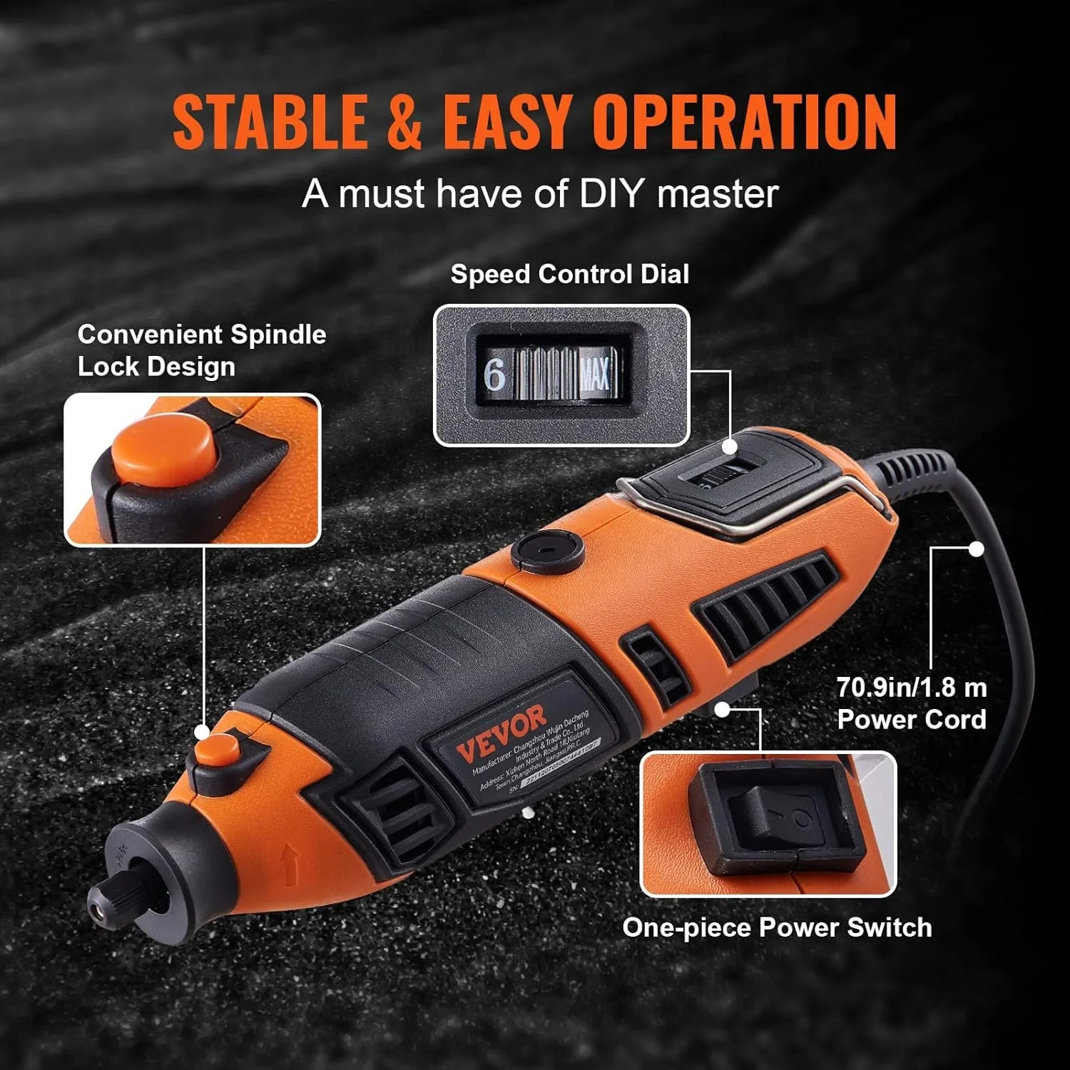 Электро шлифовальная машина VEVOR DM-160C с аксессуарами / 170 Вт / 8.000-35.000 об/мин / Бесщеточный / Оранжево-черный, фото №7 Электро шлифовальная машина VEVOR DM-160C с аксессуарами / 170 Вт / 8.000-35.000 об/мин / Бесщеточный / Оранжево-черный, фото №7