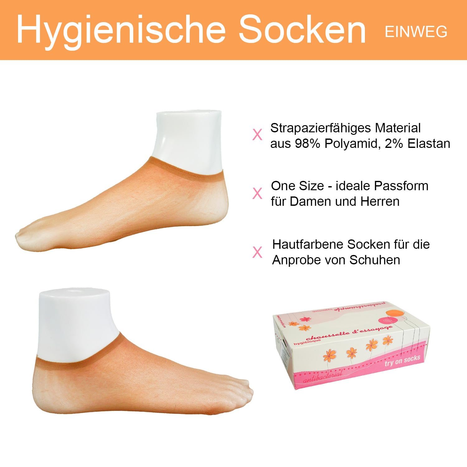 Чулки-носки Beachers Sample, телесного цвета - Одноразовые носки для примерки обуви, гигиенические носки, унисекс, один размер - упаковка 125 штук, фото №2