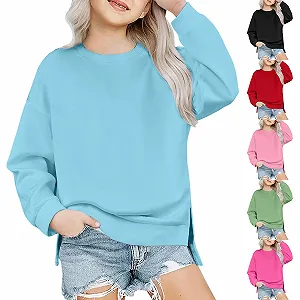 Пуловер Однотонный Свитшот для Девочки Круглый вырез Топы Короткая Детская одежда Милая Толстовка с длинными рукавами Мягкий Удобный Пуловер с длинными рукавами Свободная одежда synthetic.ua - Фото 1