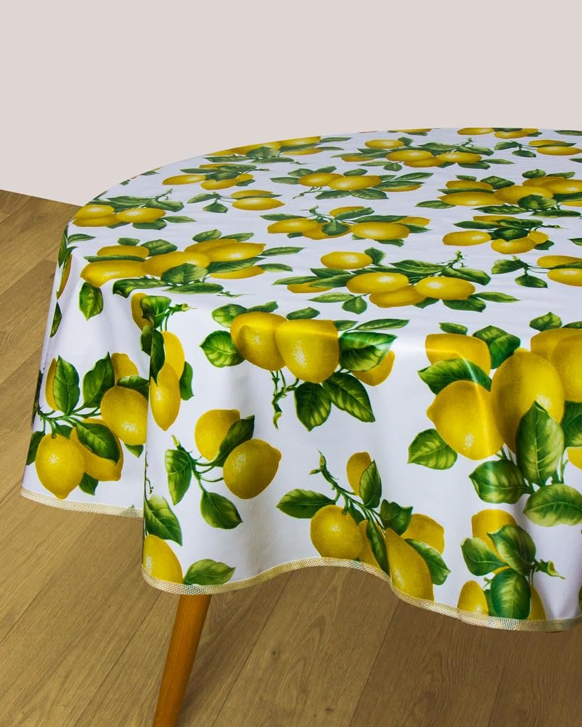 Скатертина клейончаста з посиленим краєм водовідштовхувальна 140 см кругла Lemons, фото №2
