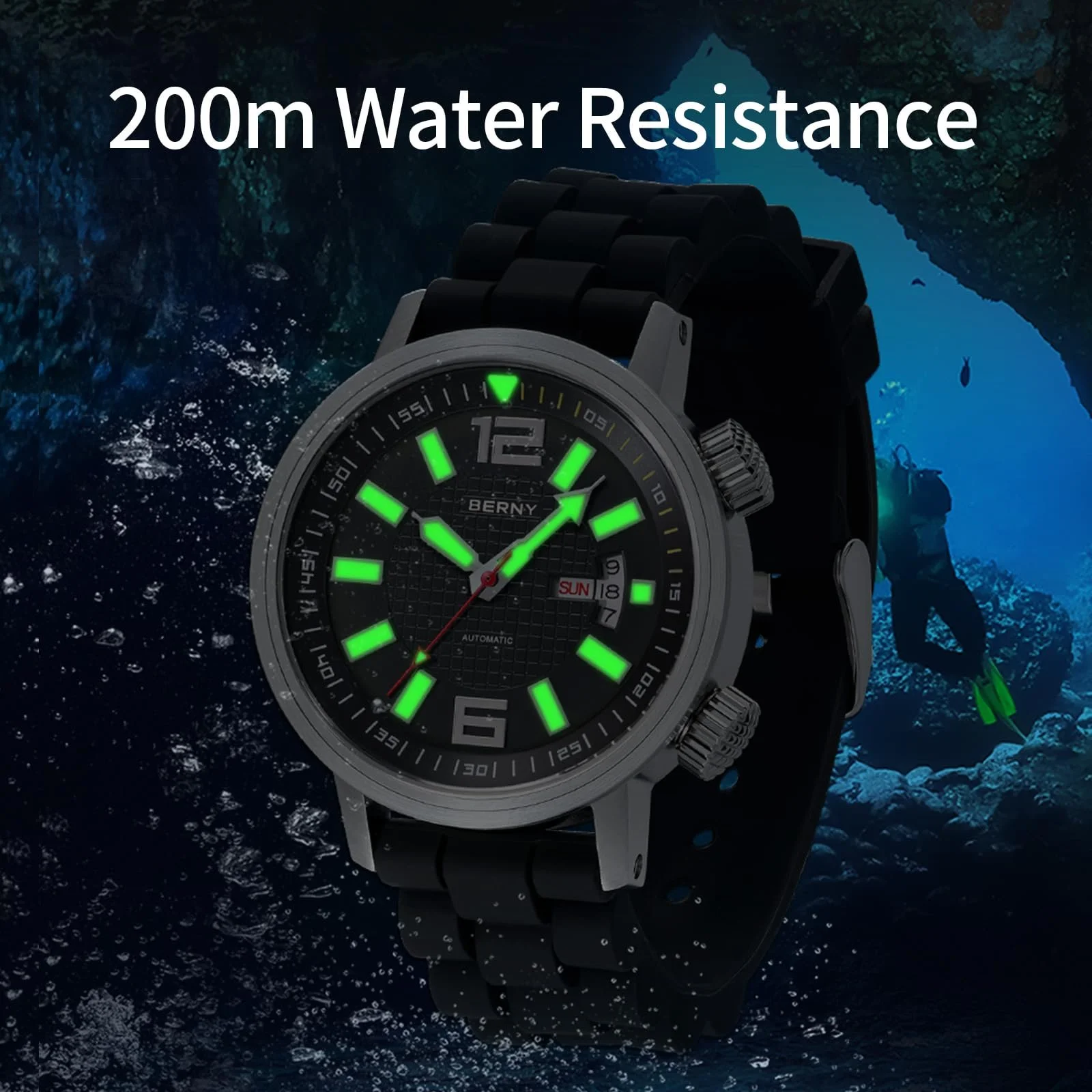 Дайверские часы BERNY Automatic Mechanical для мужчин, 20ATM водонепроницаемые, сапфировое стекло, очень яркие, фото №5 Дайверские часы BERNY Automatic Mechanical для мужчин, 20ATM водонепроницаемые, сапфировое стекло, очень яркие, фото №5