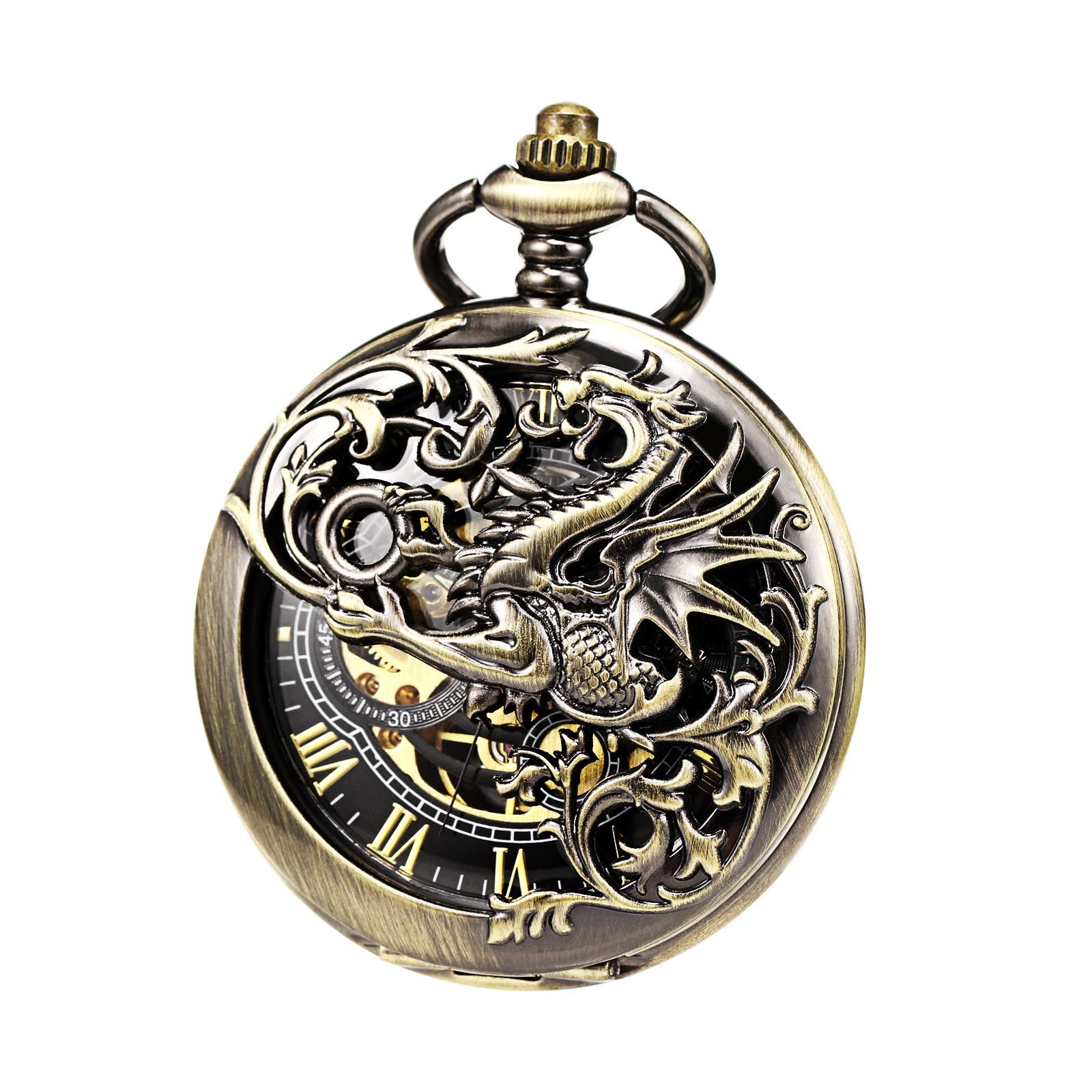 Кишеньковий годинник TREEWETO Unisex Double Hinge Antique Dragon Skeleton з ланцюжком бронзовий, фото №2