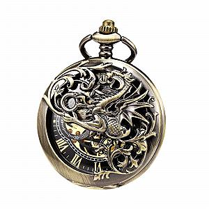 Кишеньковий годинник TREEWETO Unisex Double Hinge Antique Dragon Skeleton з ланцюжком бронзовий synthetic.ua - Фото 1