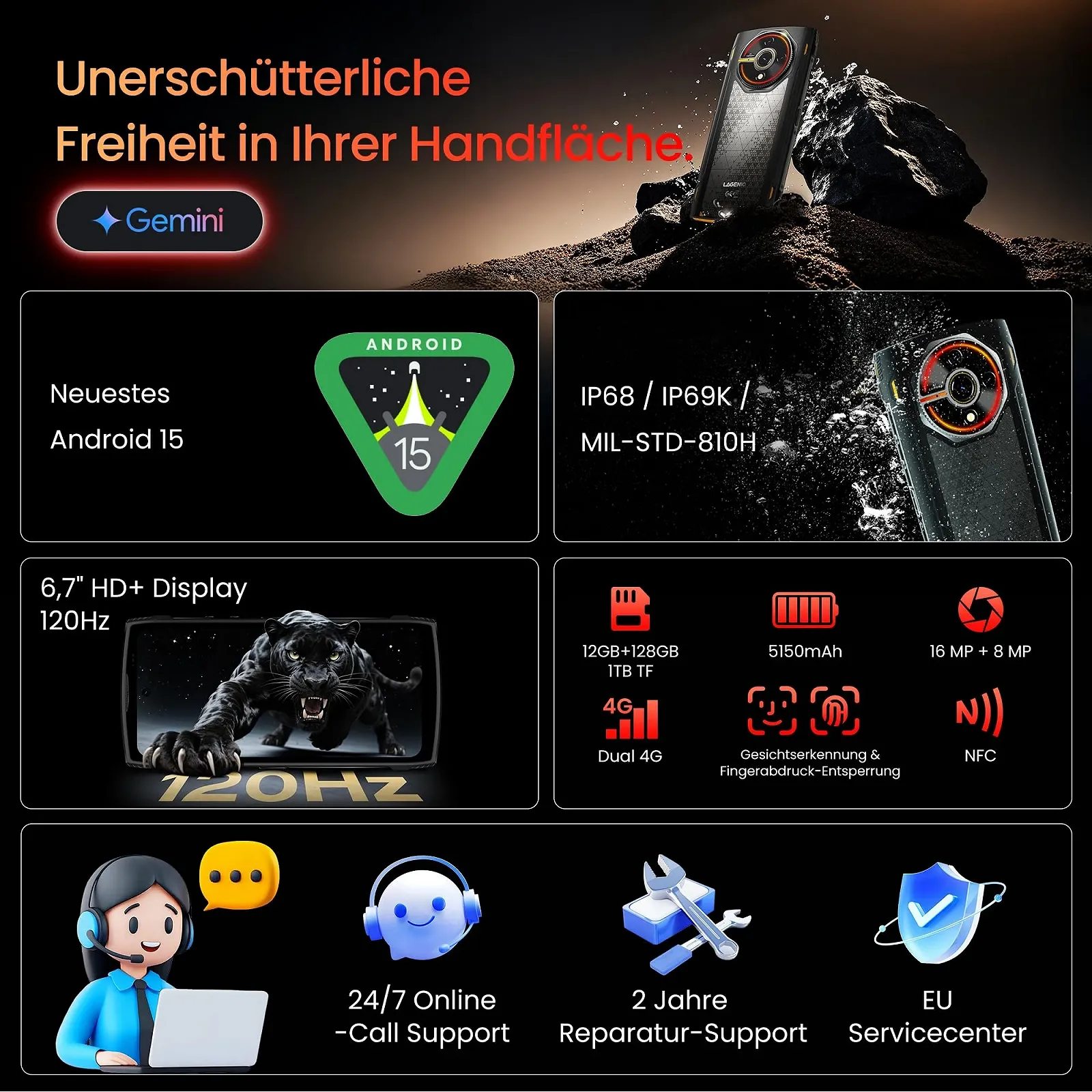 Защищенный мобильный телефон LAGENIO Panther 2 Android 15 12GB + 128GB/1TB 6.7 дюймов HD+ 120Hz 5150 мАч 16MP AI Camera IP68 NFC OTG, фото №2