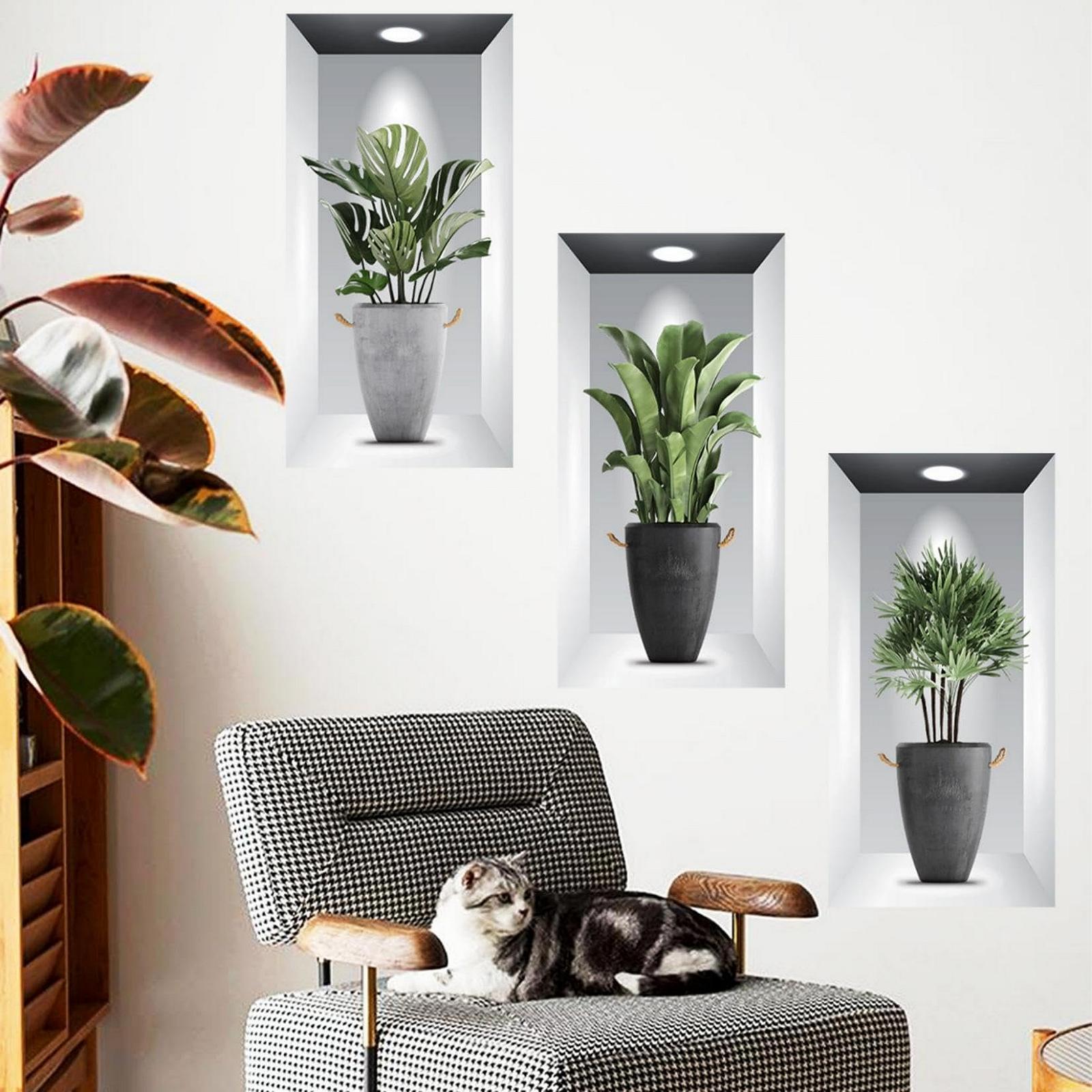 Набор наклеек на стену 3 шт. 3D Green Potted Plant Waterproof Wall Art 3D Plant Living Room Bedroom Bathroom Kitchen Office Decor 30 x 60 см, фото №6