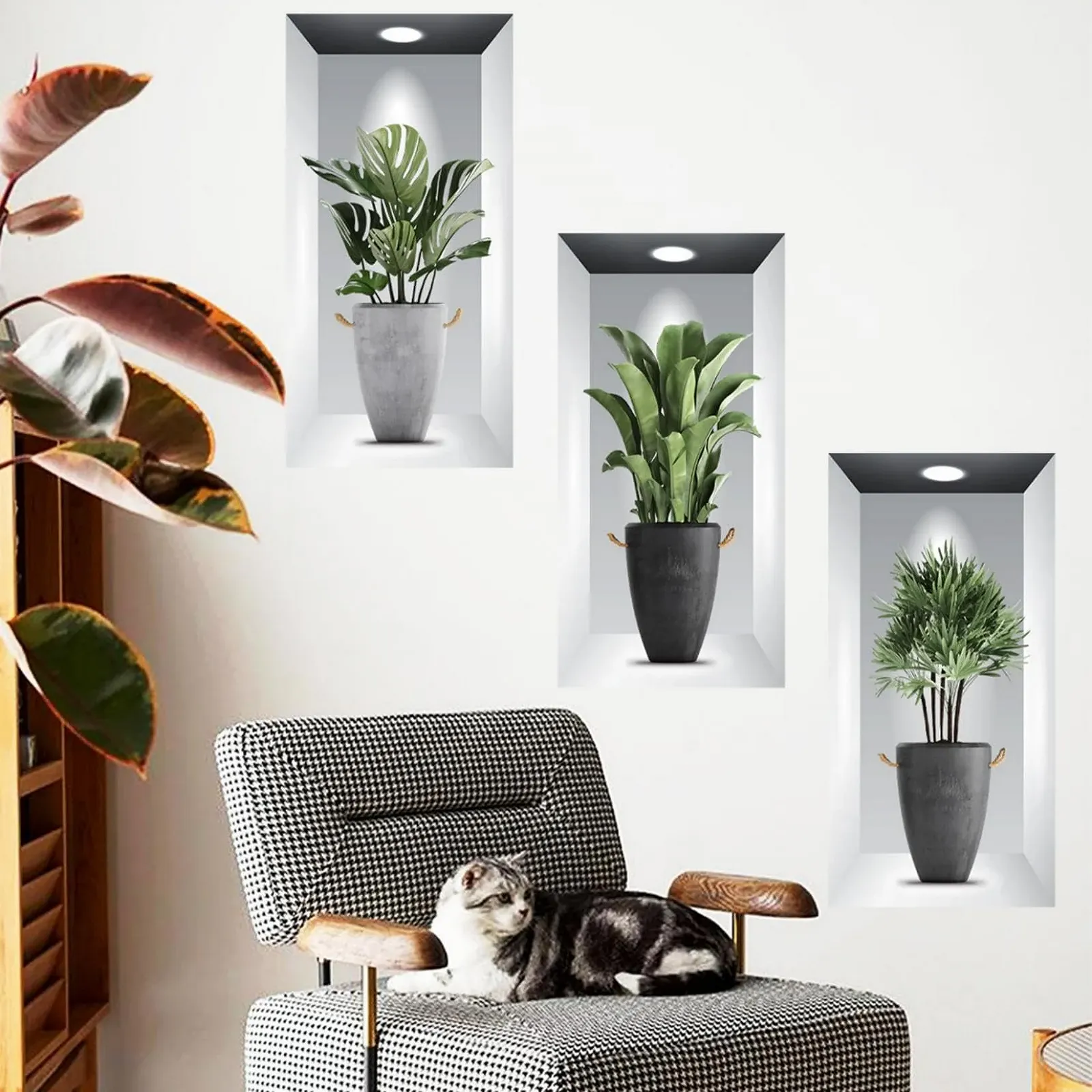 Набор наклеек на стену 3 шт. 3D Green Potted Plant Waterproof Wall Art 3D Plant Living Room Bedroom Bathroom Kitchen Office Decor 30 x 60 см, фото №6