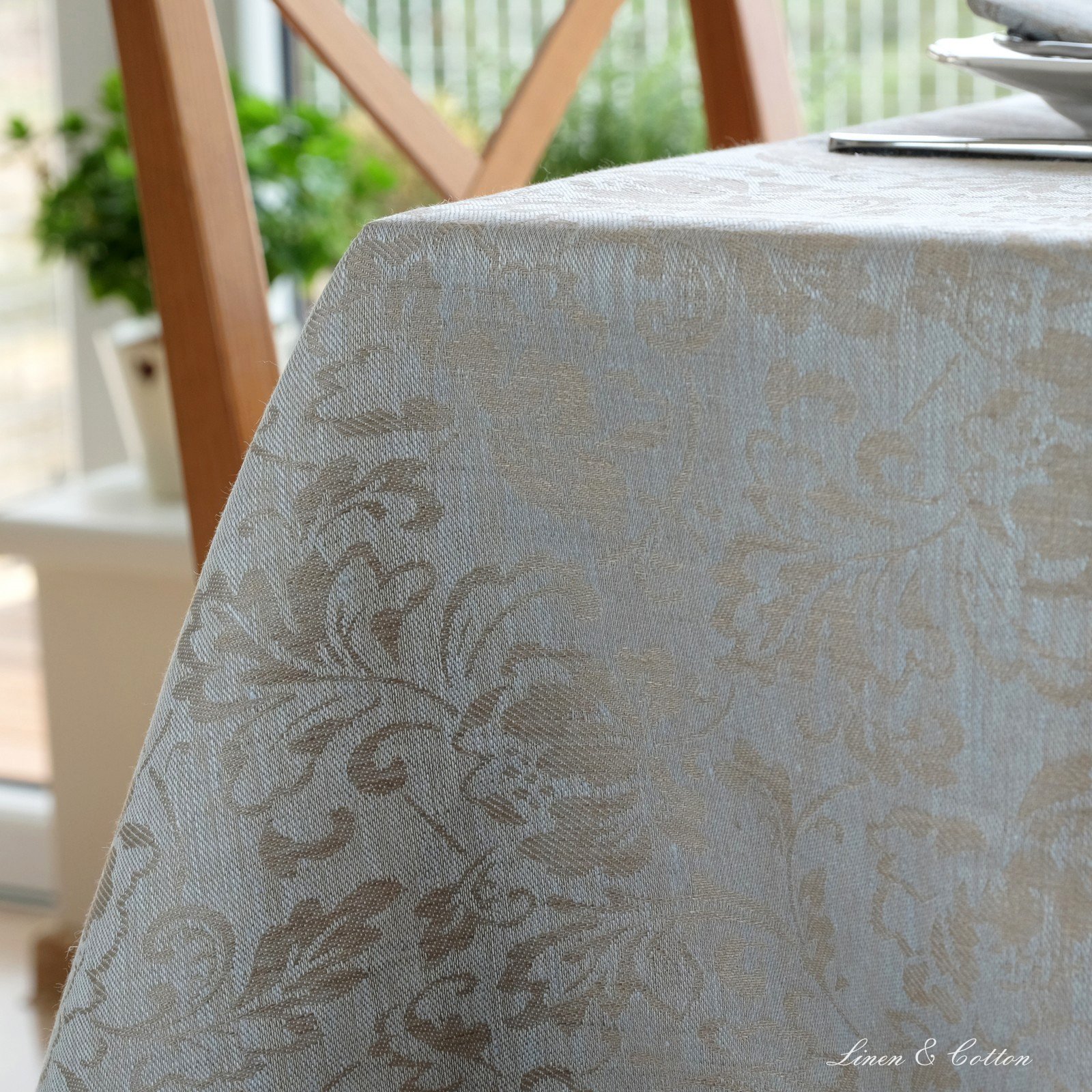 Скатертина Linen & Cotton Cervo жакардова дамастова зі 100% льону 147x250 см, фото №3
