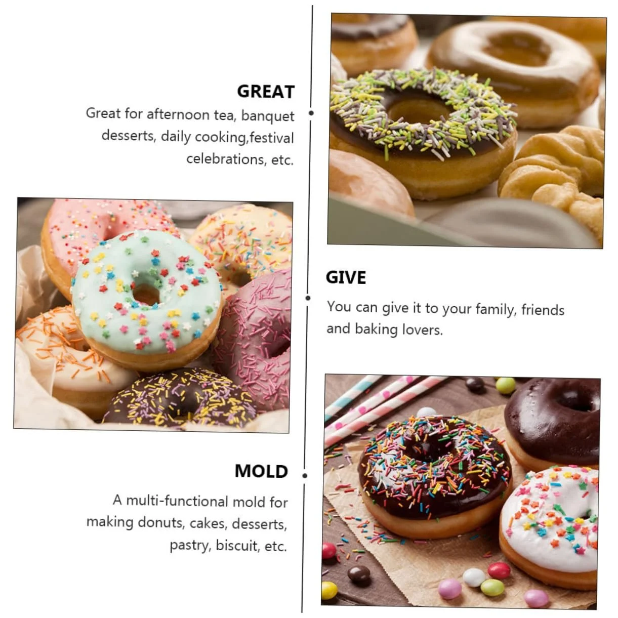 Формы для выпечки пончиков INOOMP Набор 3 шт Пластик без BPA Сердце Цветок и Круг, фото №4