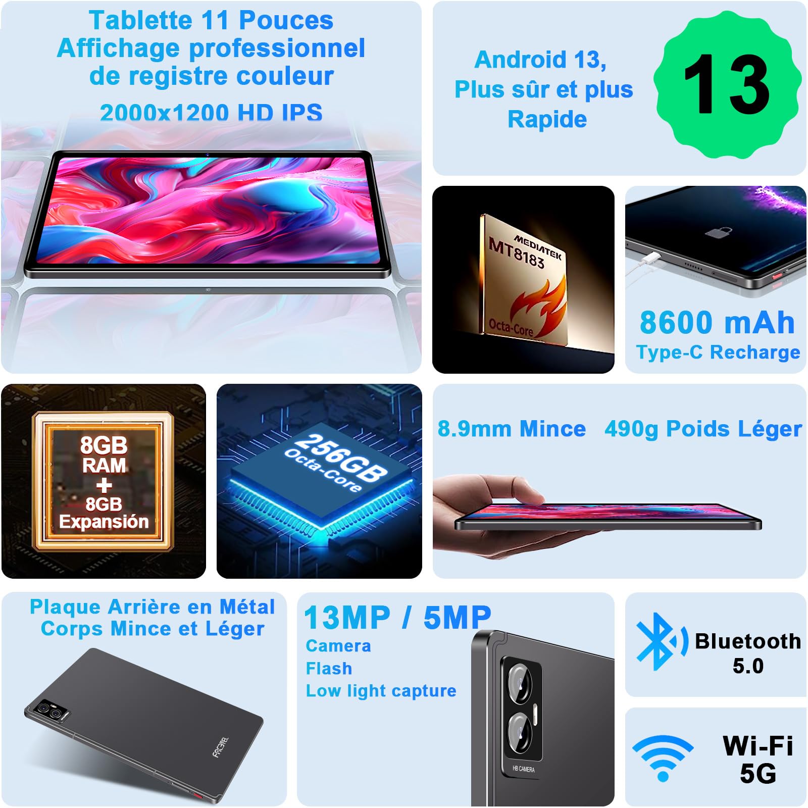 Планшет FACETEL 11-дюймовый Android 13 5G WiFi, GMS сертификация, Octa-Core RAM 16GB ROM 256GB TF 1TB | 8600mAh | 2000 x 1200 | 5MP + 13MP, с чехлом, Серый, фото №2
