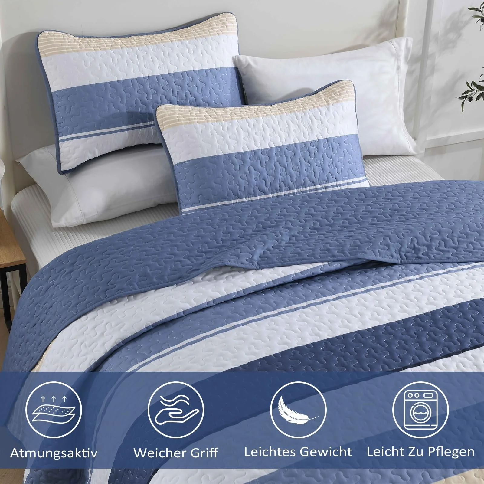 Покрывало WONGS BEDDING 240 x 260 см, синяя полоса, двуспальное, стеганое, из микроволокна, с 2 наволочками 50 x 75 см, синего цвета, фото №3