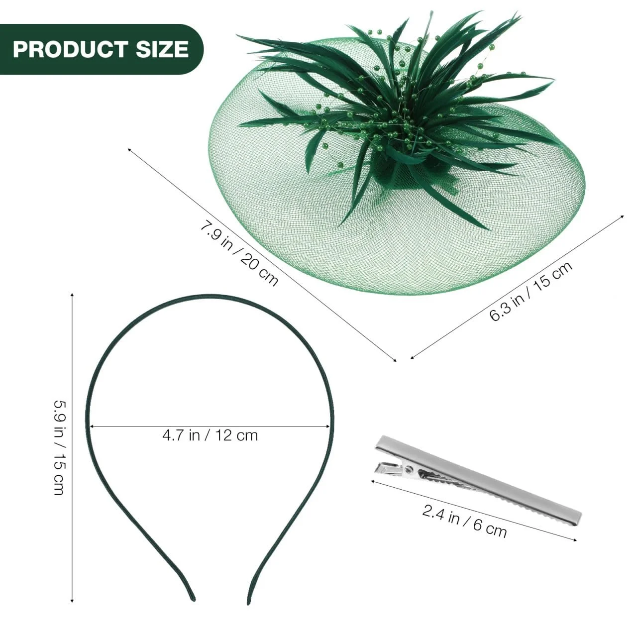 Обруч-капелюшок для вечірки ABOOFAN з сіткою та пір'ям, зелений, фото №4