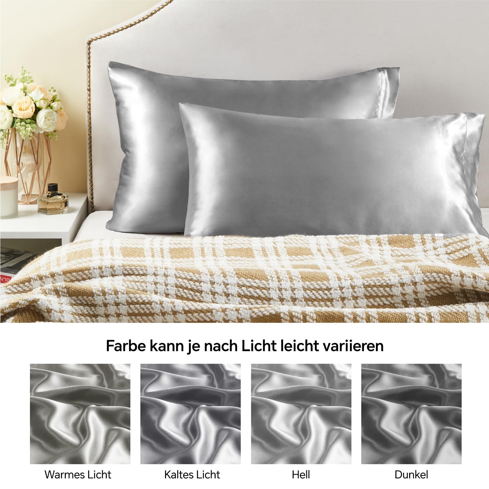 Наволочка BEDELITE Satin, 40 x 80 см, серая, набор 2 шт + 2 резинки для волос, фото №6
