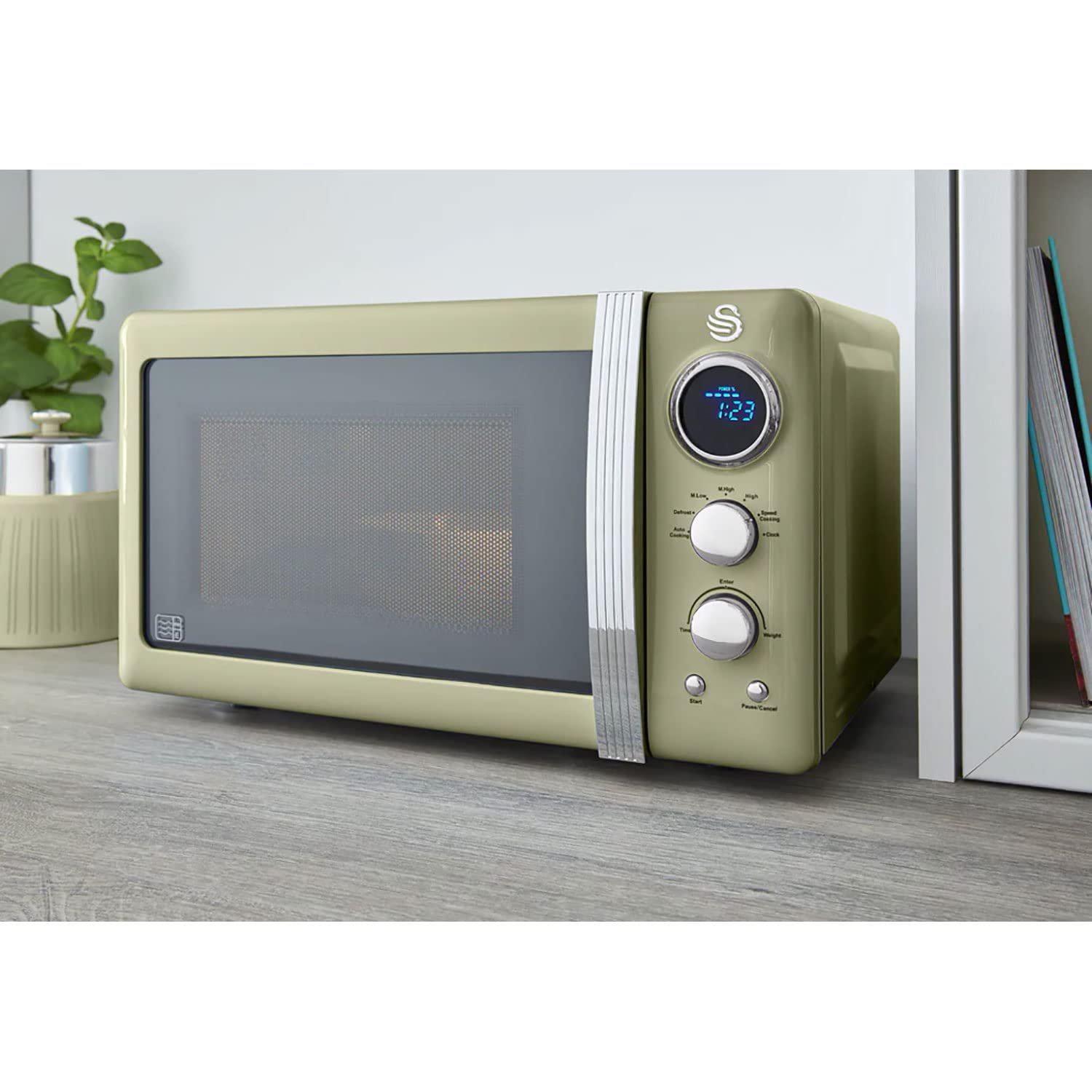 Цифровая микроволновая печь Swan Retro SM22030GNEU 20 л 5 уровней мощности таймер 60 минут поворотный стол 27 см 800 Вт Зеленая, фото №4 Цифровая микроволновая печь Swan Retro SM22030GNEU 20 л 5 уровней мощности таймер 60 минут поворотный стол 27 см 800 Вт Зеленая, фото №4