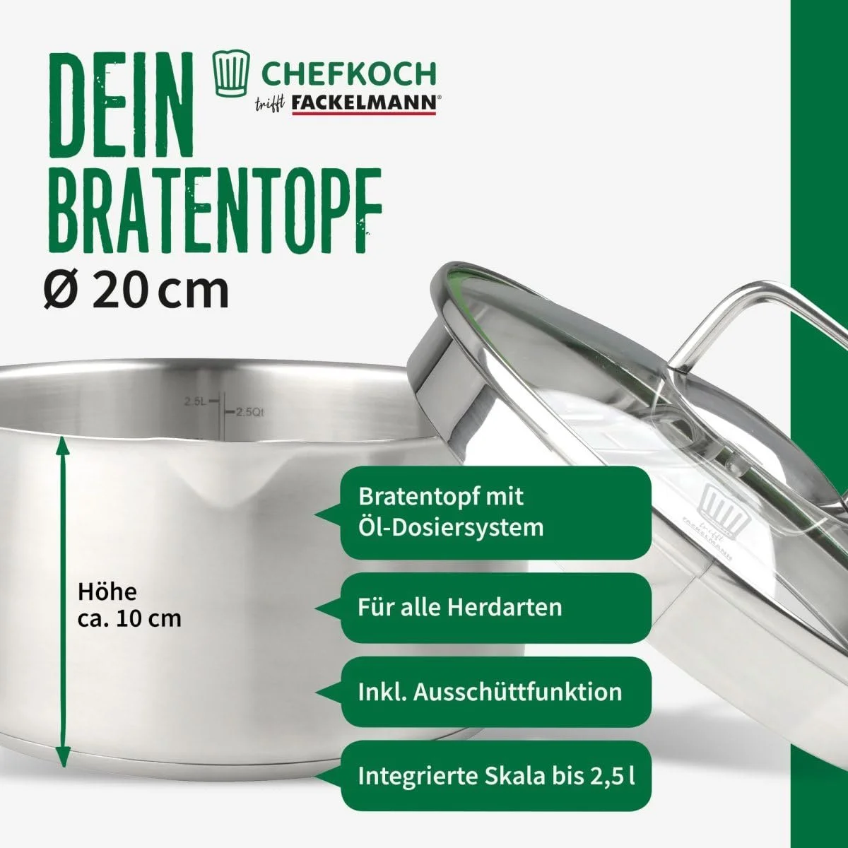 Каструля FACKELMANN Chefkoch Munich 20 см нержавіюча сталь 3.0 літра, фото №2 Каструля FACKELMANN Chefkoch Munich 20 см нержавіюча сталь 3.0 літра, фото №2