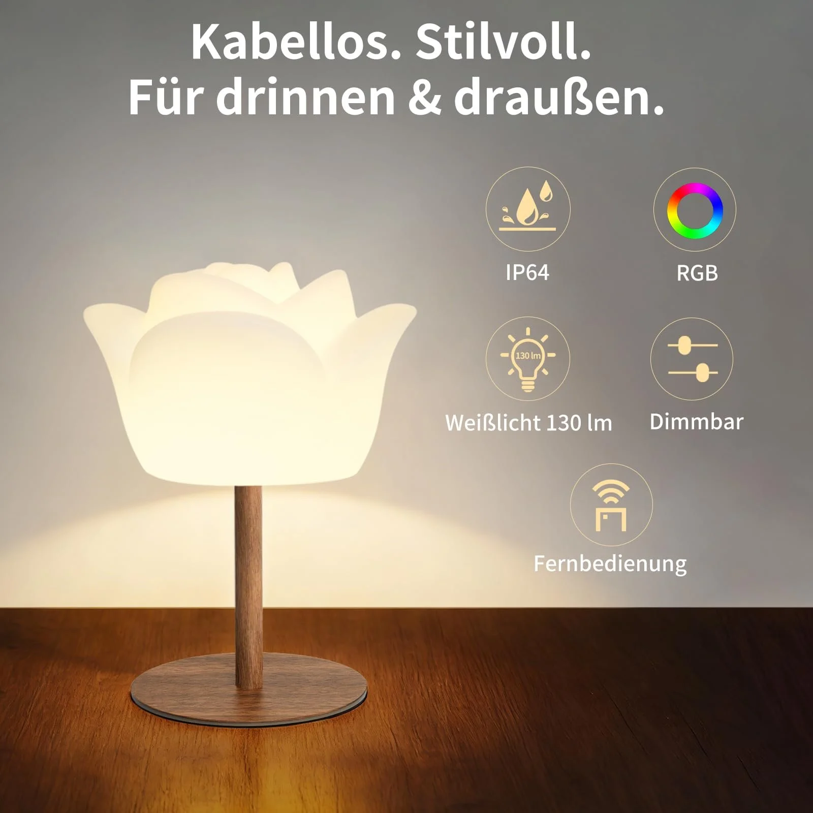 Настільна лампа Flower Design Wireless IP64 RGB 130 лм 4000 mAh 27/41 см White, фото №6