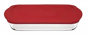 Форма для запікання Pasabahce Borcam 59124 скляна прямокутна з червоною кришкою 40 x 25 см 3.85 л - Фото 1