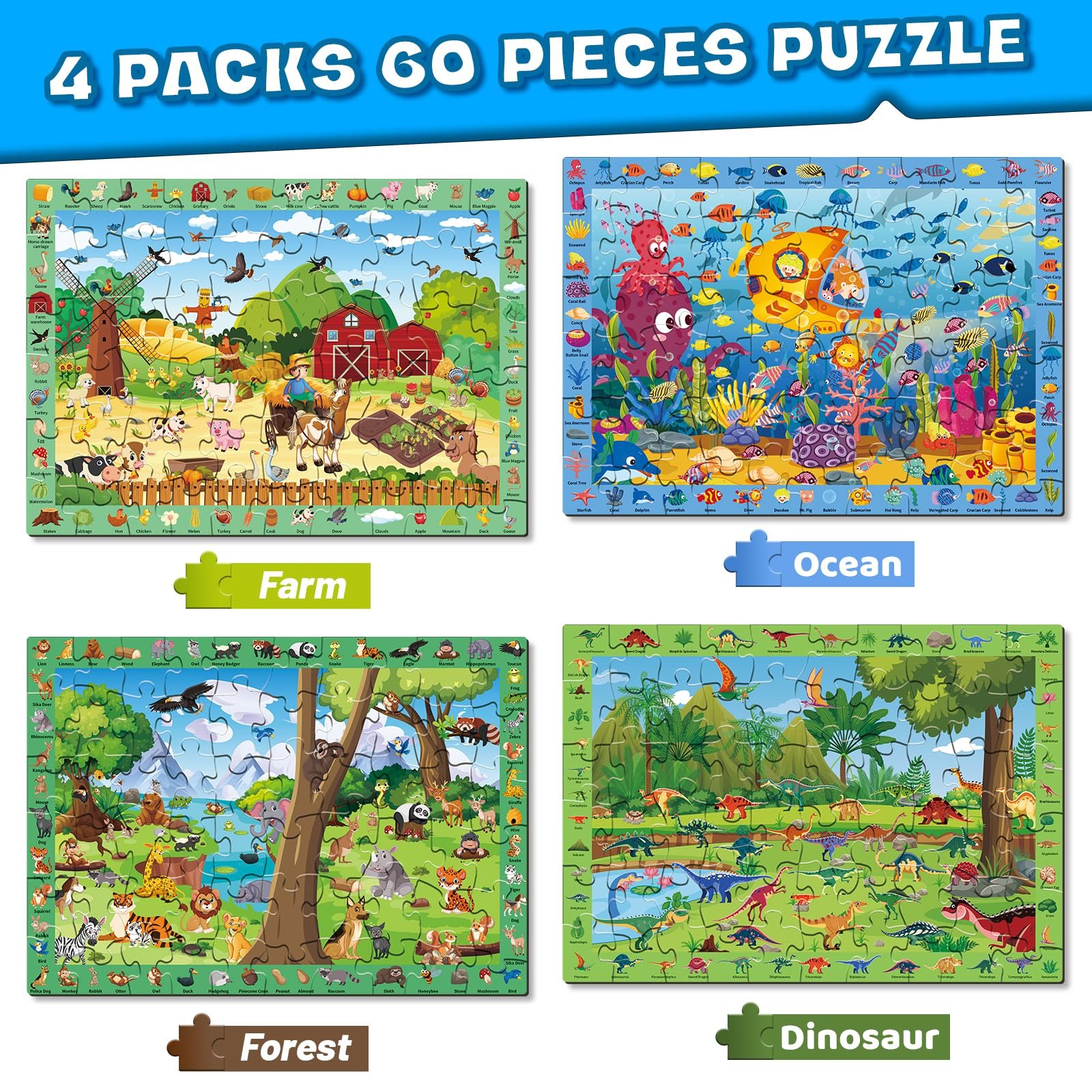 Пазлы для детей 4 x 60 деталей Динозавры Ферма Лесные животные Морской мир, фото №2 Пазлы для детей 4 x 60 деталей Динозавры Ферма Лесные животные Морской мир, фото №2