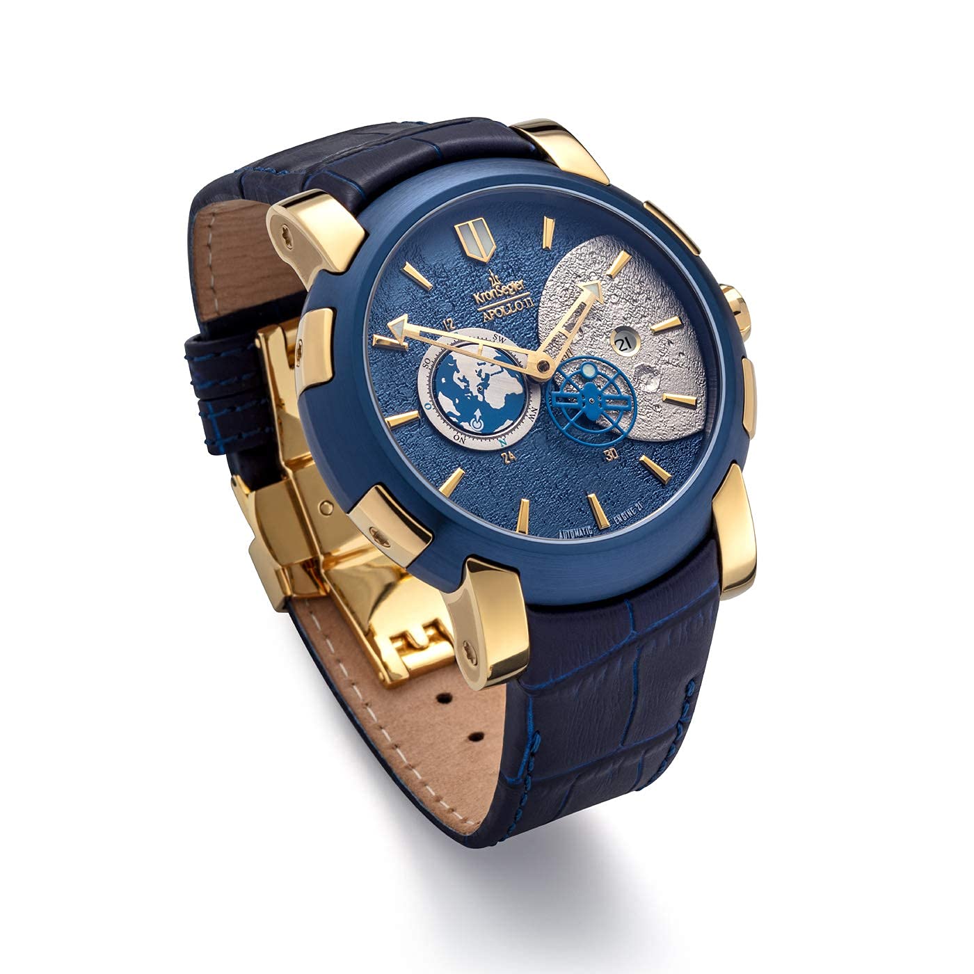 Мужские часы Kronsegler Apollo 11 Автоматические С Кожаным Ремешком Золотой Синий Лимитированная серия, фото №2