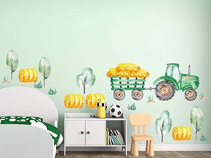 Наклейка на стіну GRAZDesign Трактор зелений з фермерськими деревами та соломою 100 x 57 см - Фото 1