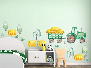 Наклейка на стіну GRAZDesign Трактор зелений з фермерськими деревами та соломою 100 x 57 см - Фото 1