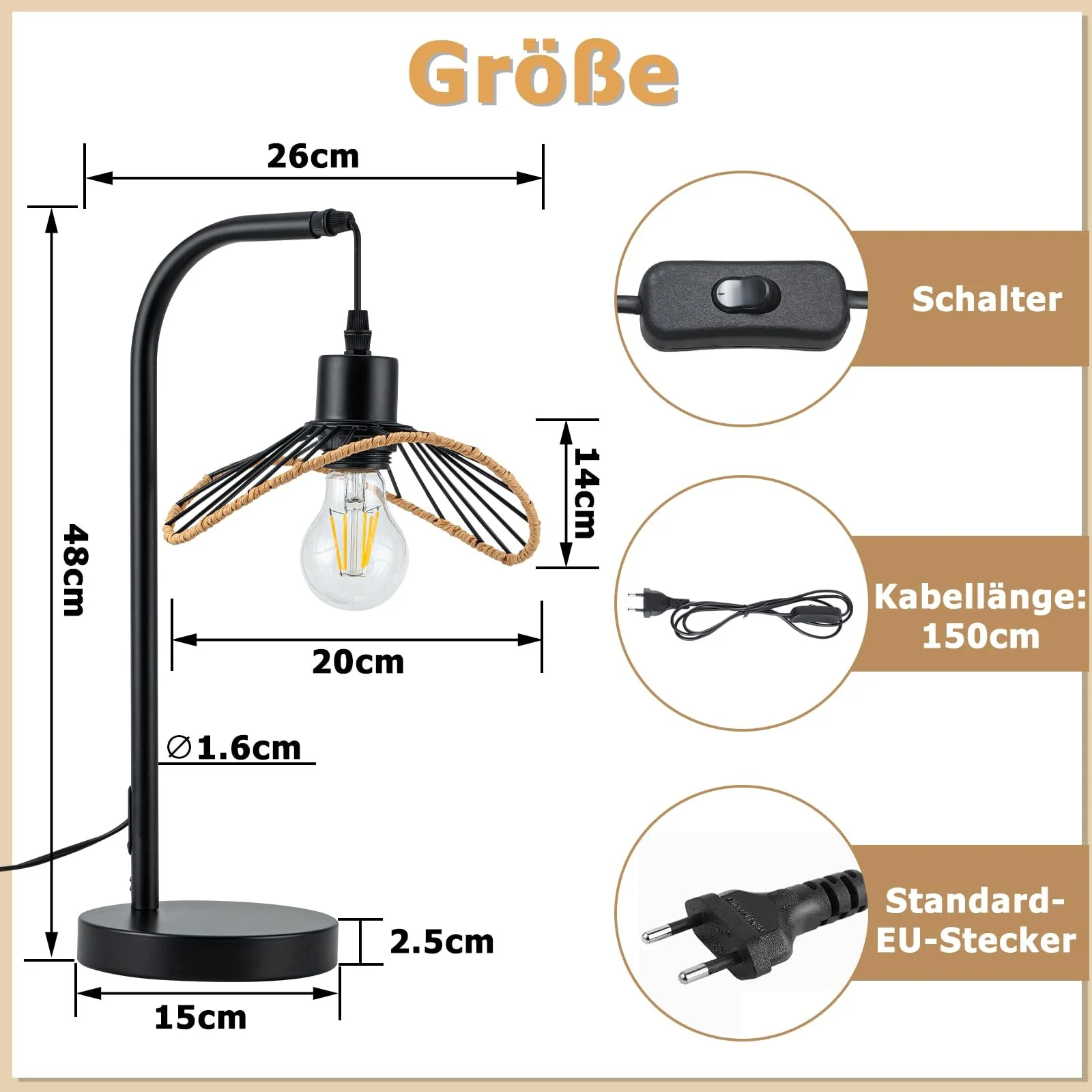 Настільна лампа Вінтажна Ретро Металева E27 Форма капелюха Чорна 150 см кабель, фото №3